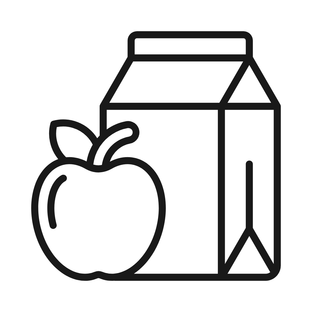 Line drawing of an apple and a milk carton.