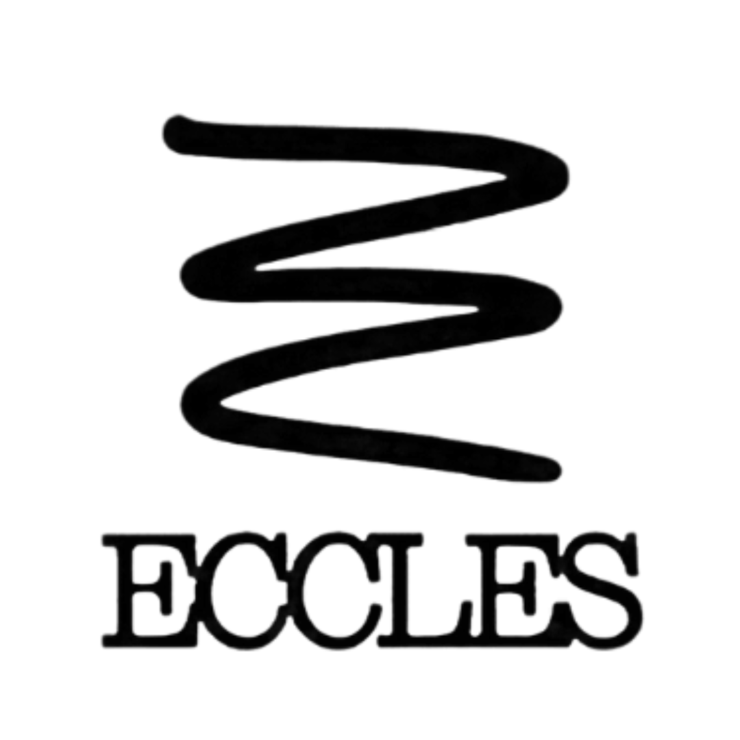 A black, stylized, spiral-shaped line with the word "ECCLES" written in black capital letters below it.