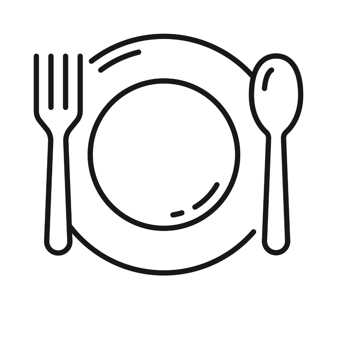Line drawing of a place setting with a plate, fork on the left, spoon on the right, and a curved line above.