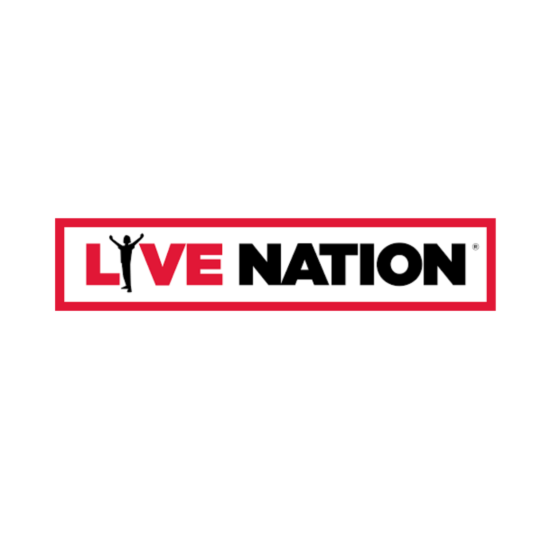 Live Nation logo with black and red text, a silhouette of a person with arms raised, on a black background.
