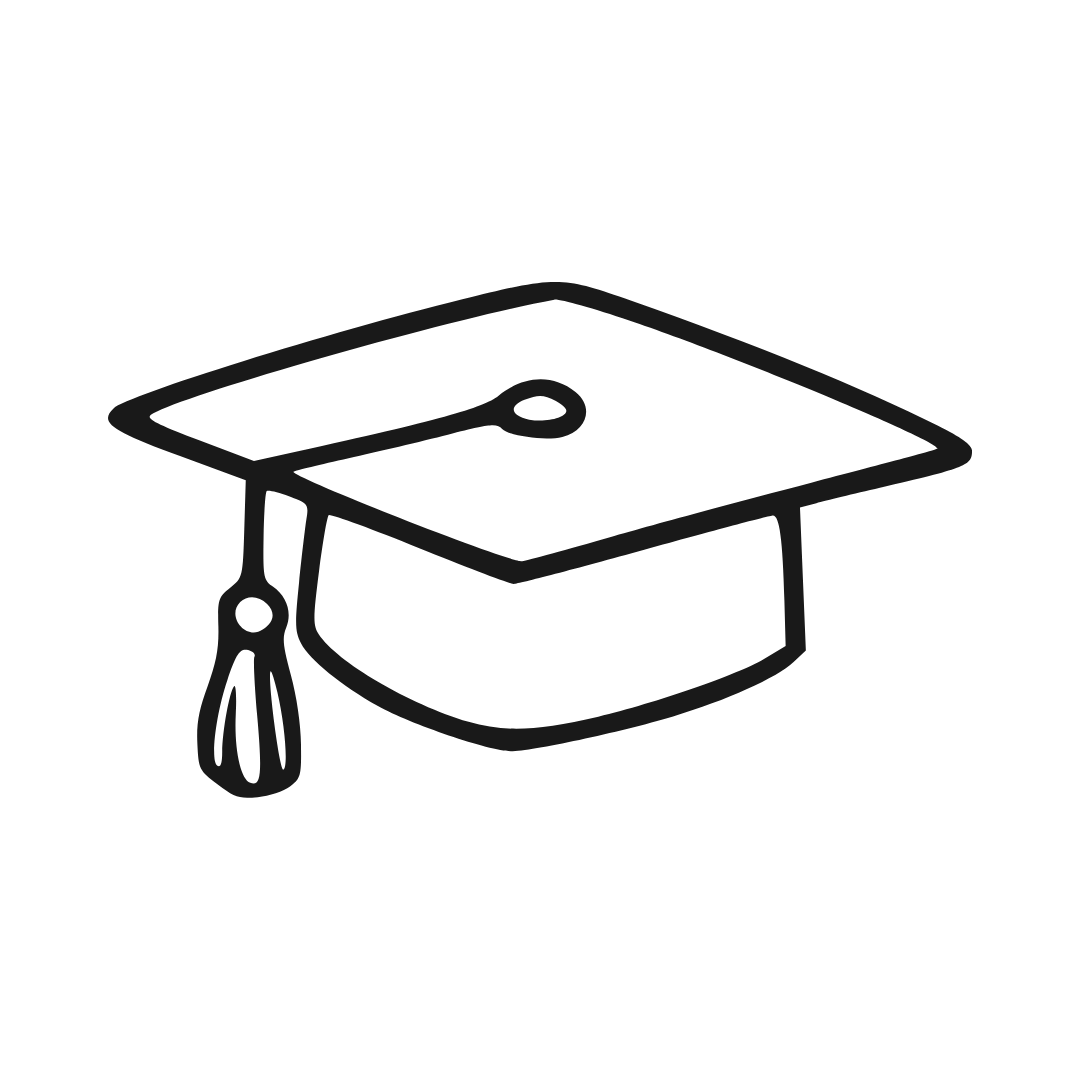 Outline drawing of a graduation cap, also known as a mortarboard, with a tassel hanging from it.