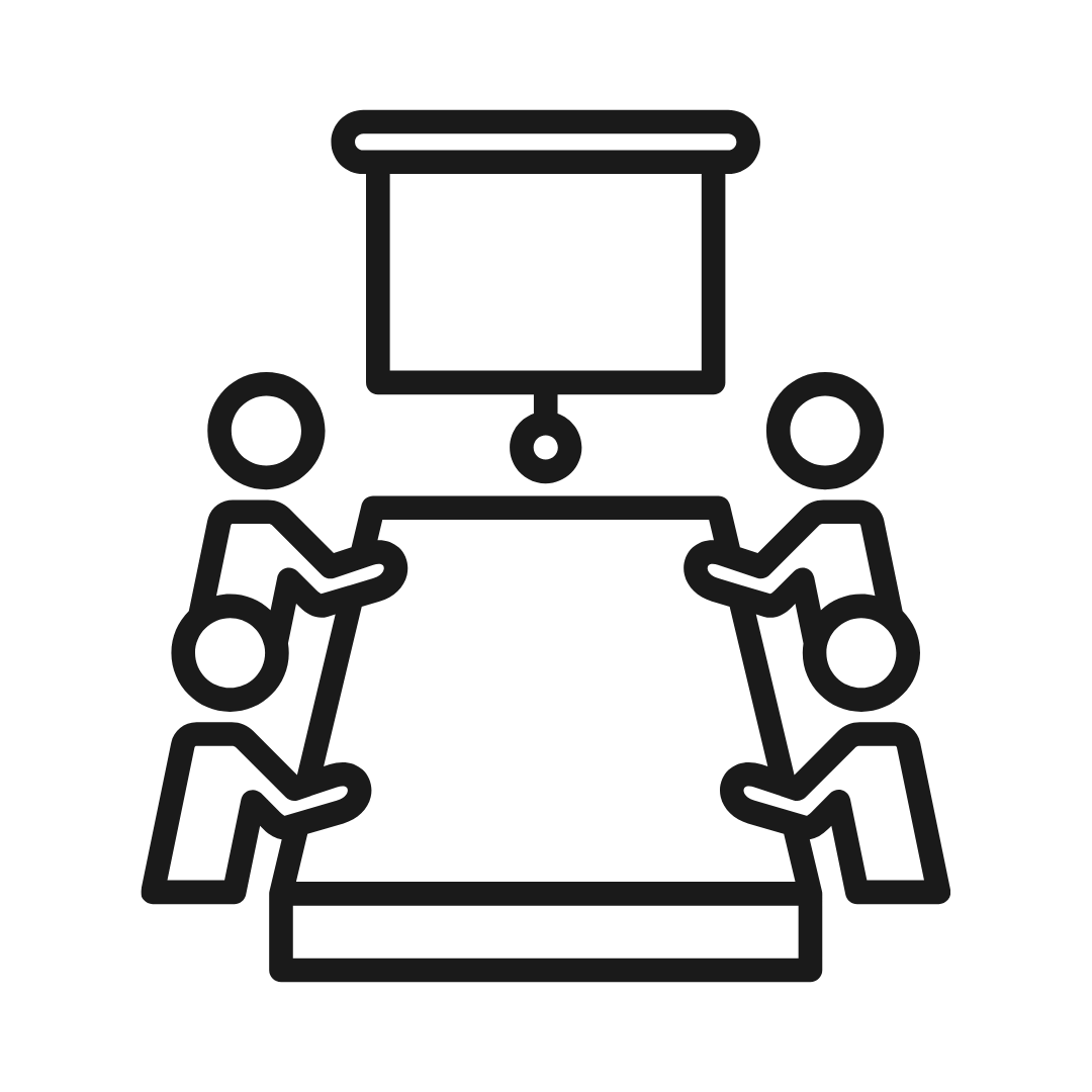 Outline drawing of four children sitting around a table, collaborating on a project with a large screen or whiteboard overhead.