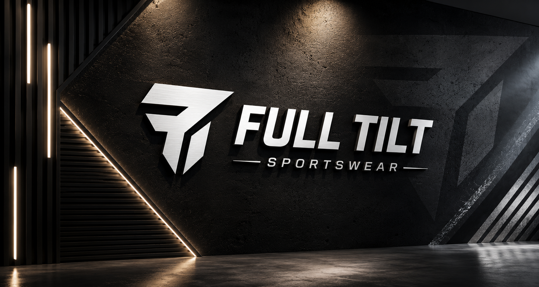 A modern interior wall with a logo and text for 'Full Tilt Sportswear' in a sleek, metallic finish, illuminated by subtle lighting.