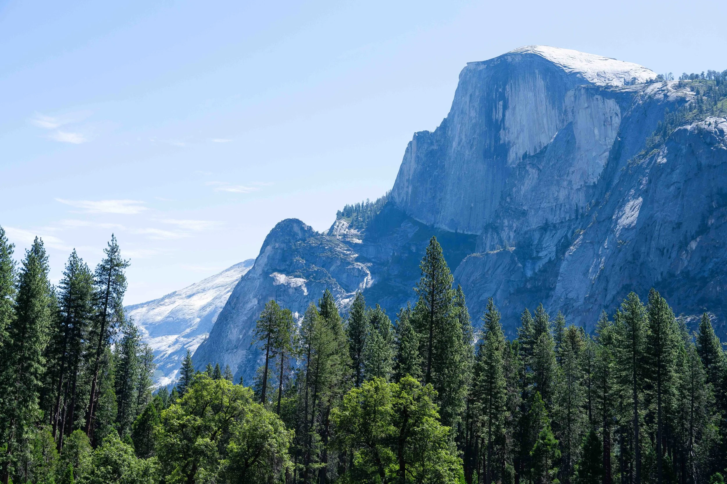 Tall granite mountain with snow on top and a forest of green trees at its base under a clear blue sky.