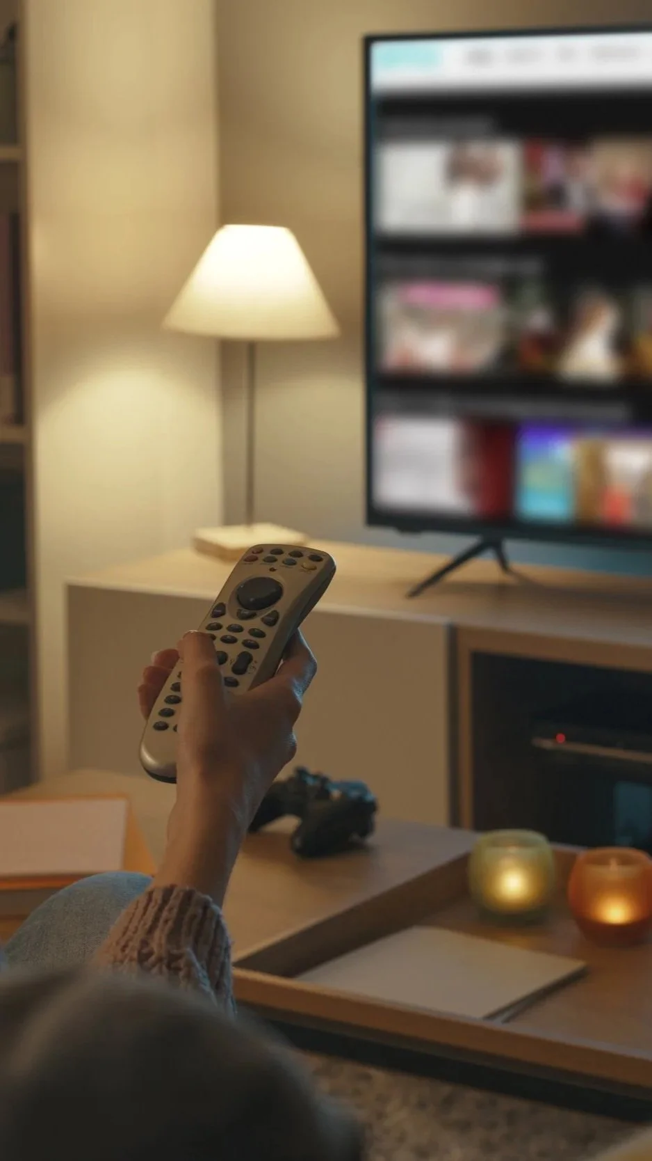 A person holding a remote control in front of a television in a cozy living room with a lamp, candles, and a gaming console on a table.