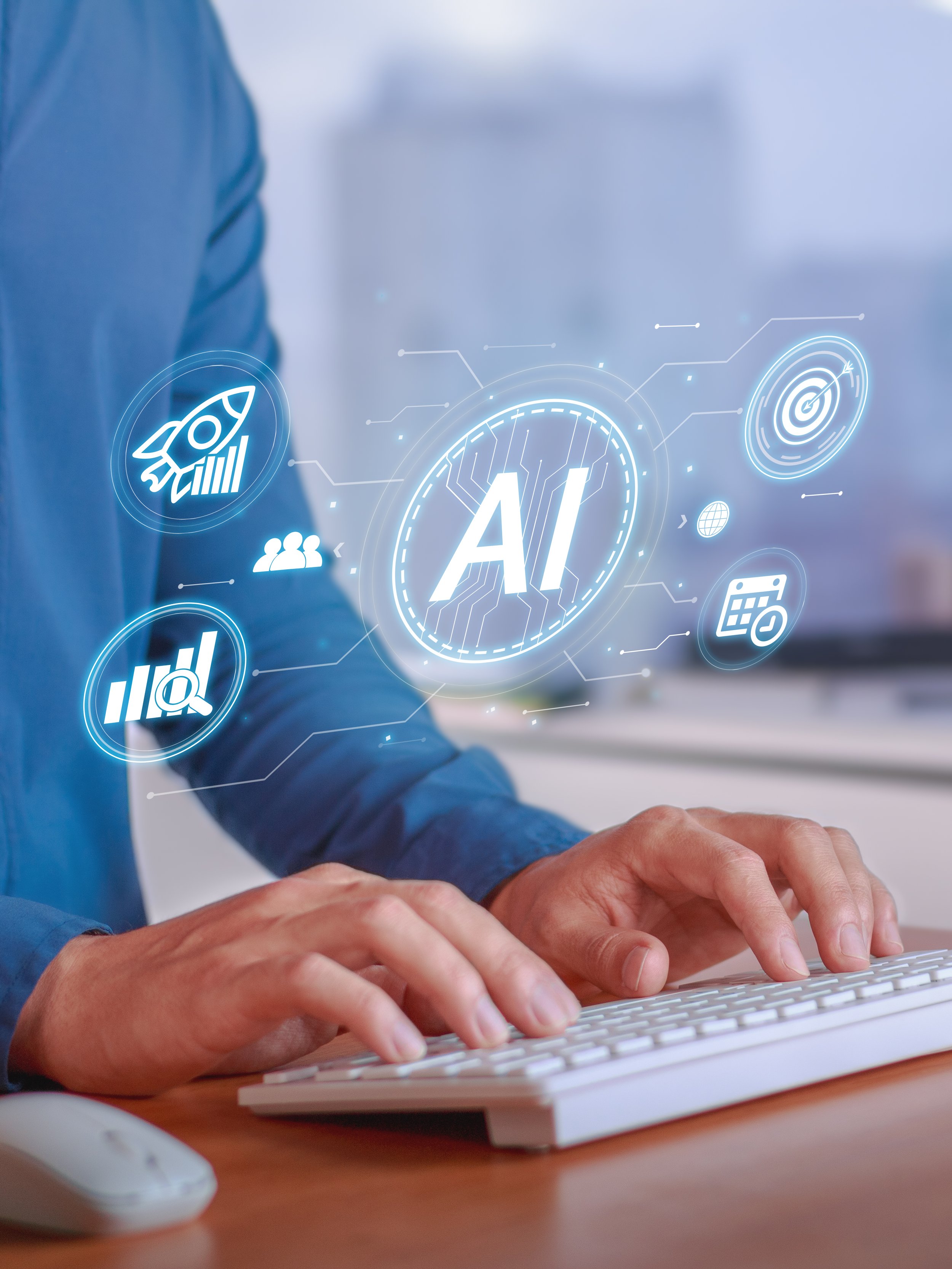Person typing on a white keyboard with digital icons representing AI and technology overlayed on the image.