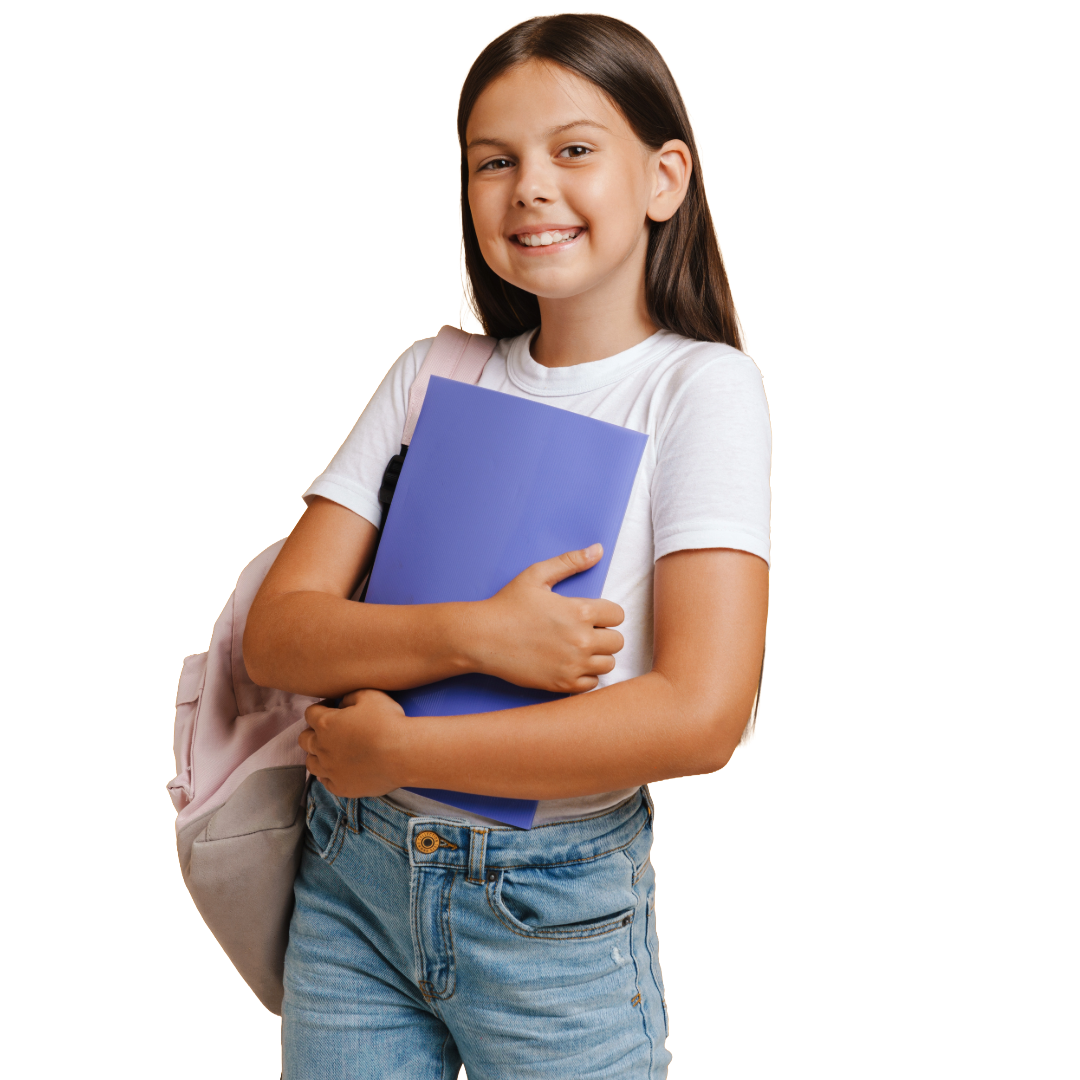 A young girl smiling, holding a blue folder, wearing a white t-shirt, jeans, with a backpack on her shoulder.