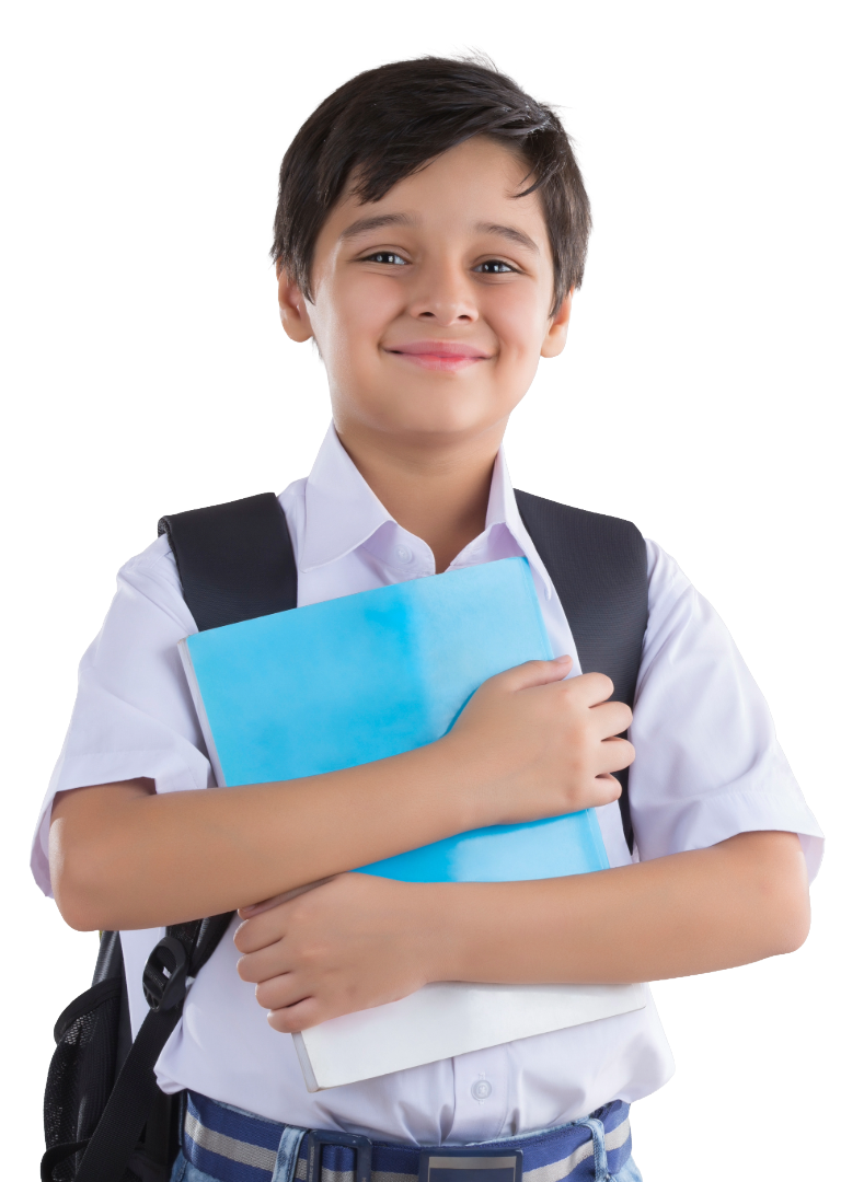 Smiling boy in school uniform holding a blue notebook, wearing a backpack.