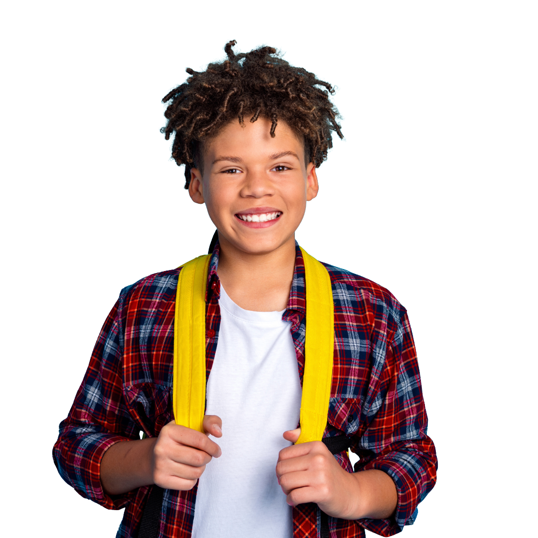 Smiling young boy with curly hair wearing a plaid shirt and a yellow backpack.