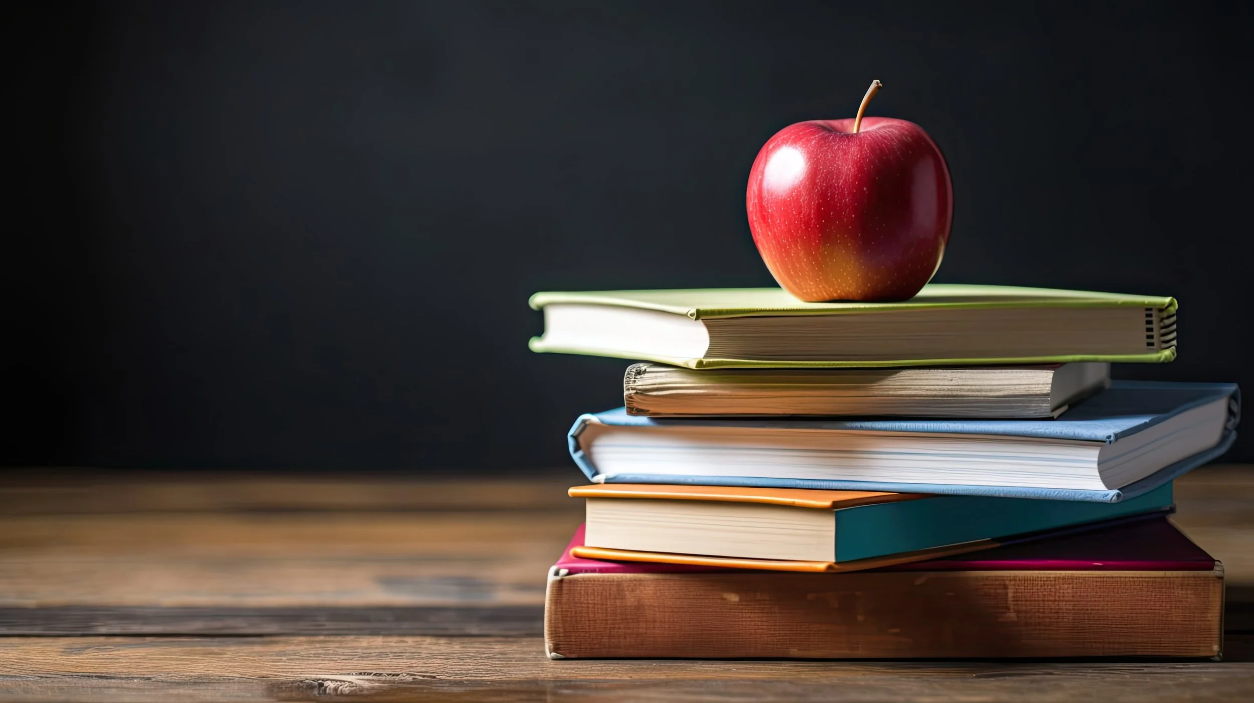 Stack of books with an apple on top, placed on a wooden surface against a dark background.