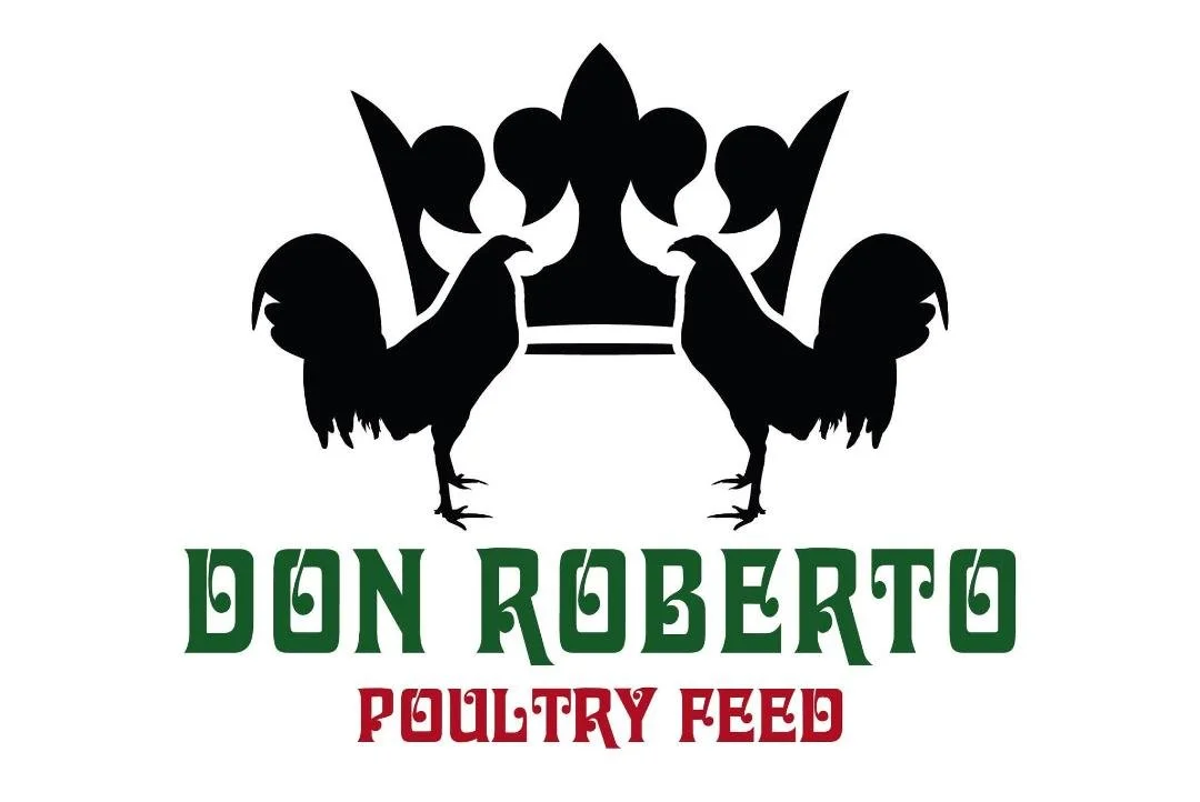 Logo with two roosters facing each other, a crown above them, and the text "Don Roberto Poultry Feed" underneath.