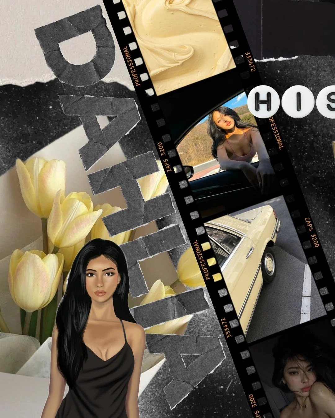Collage with a film strip featuring a woman, a vintage car, and abstract art, torn paper letters spelling 'FAKE', yellow tulips, and illustrated woman with black hair and black dress.