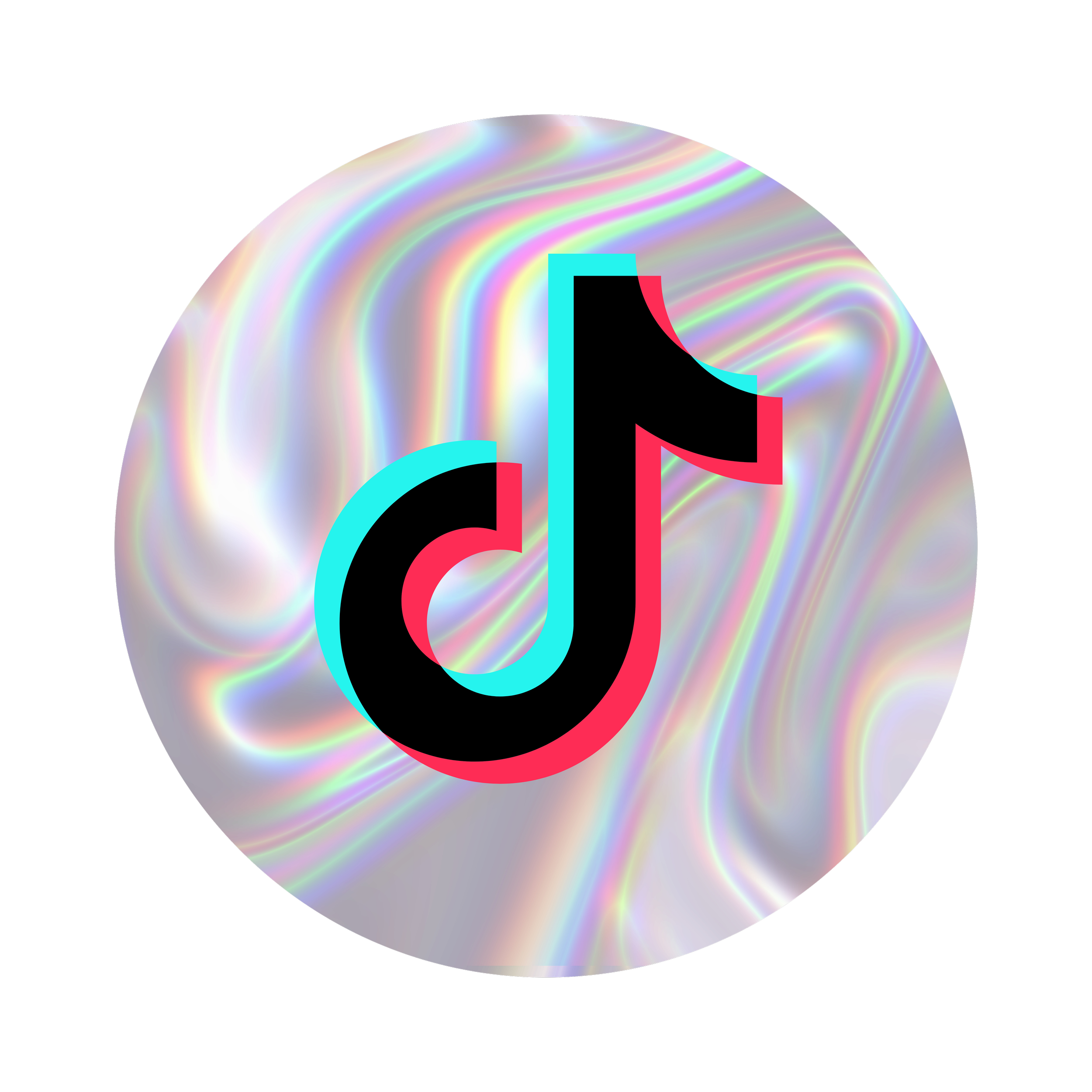 TikTok logo with a holographic, rainbow-colored swirl background on a black circular backdrop.