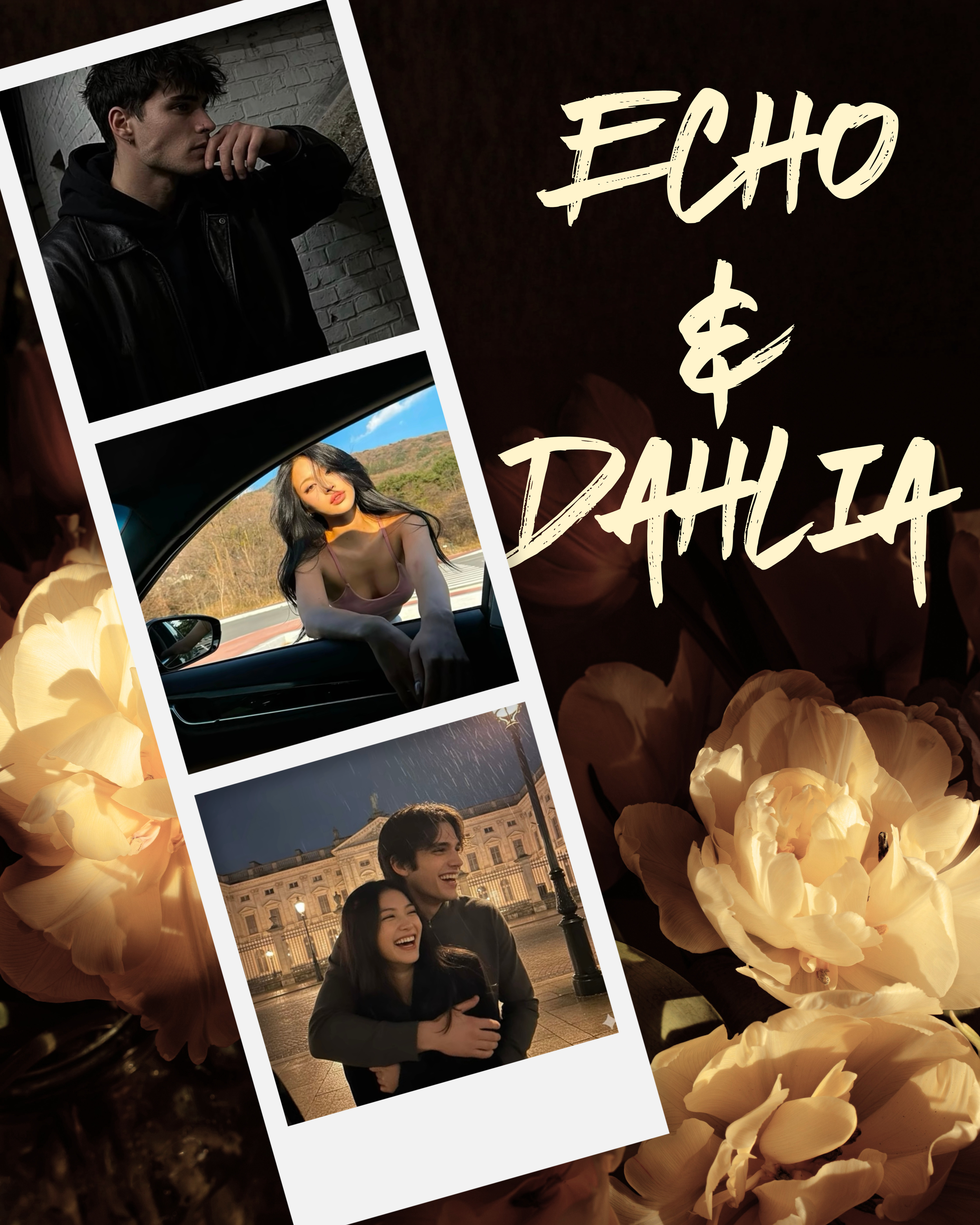 A collage of three photographs of young adults, with a dark background that has yellow flowers and the words 'ECHO & DARIA' written in large, hand-drawn style text.