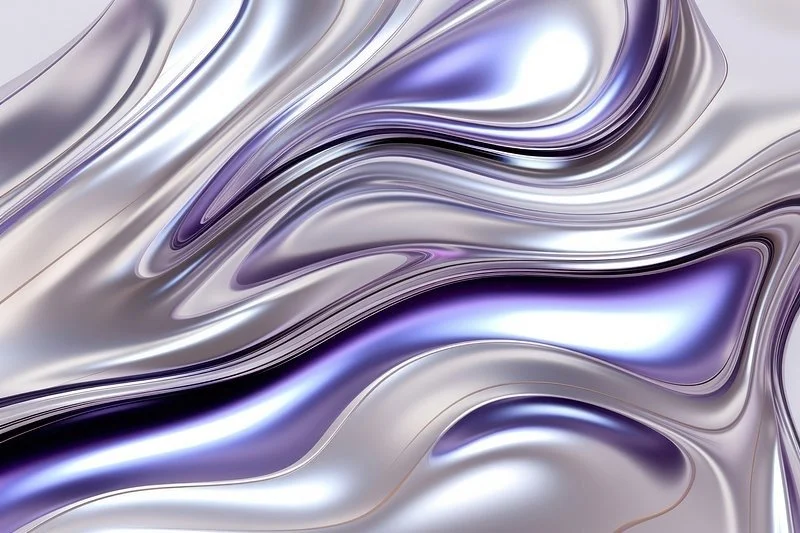 Abstract swirl of metallic silver, purple, and blue colors.