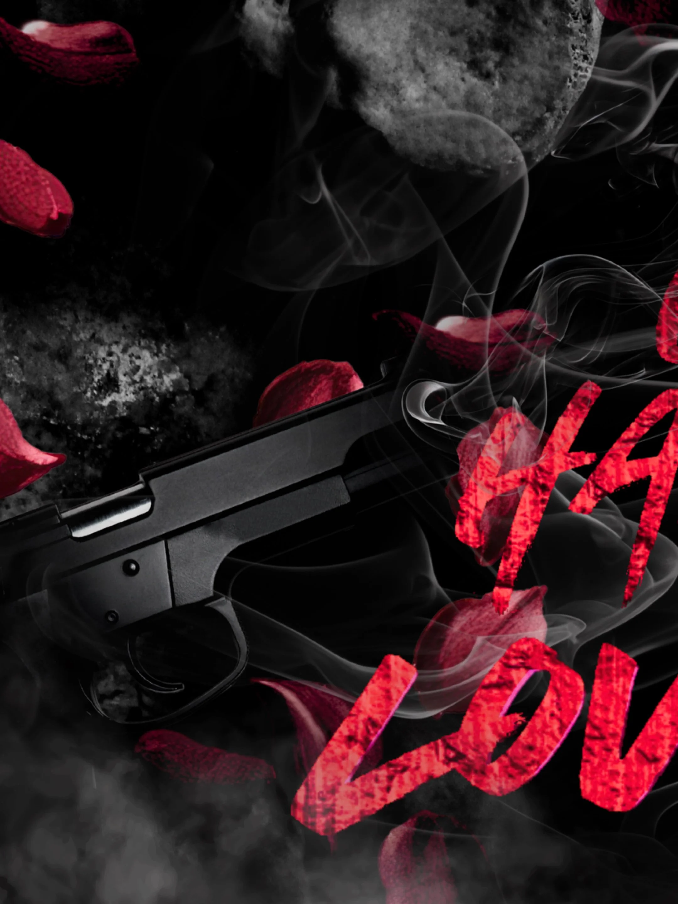 A black handgun surrounded by red rose petals and swirling smoke.