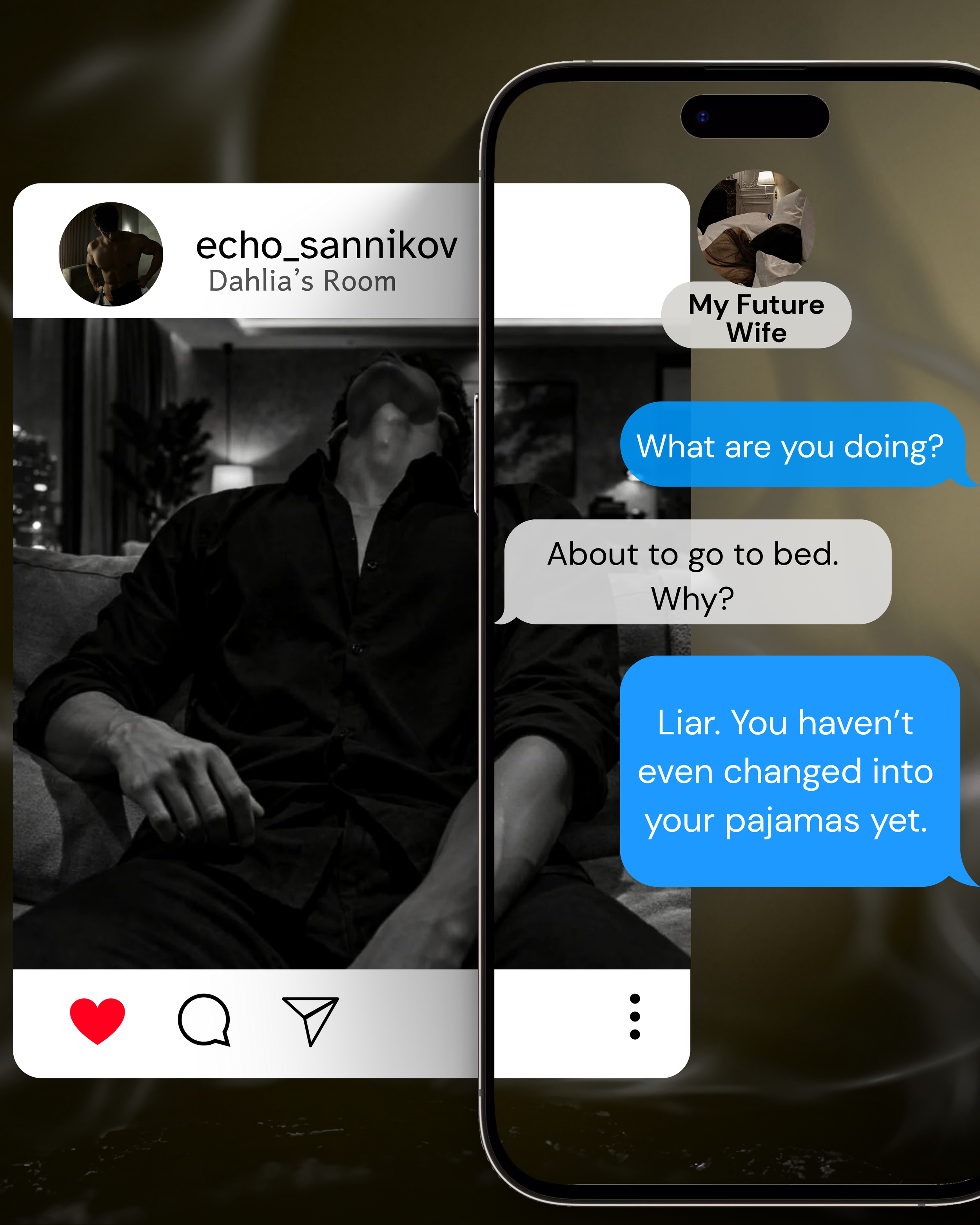 A smartphone screen displays a texting conversation with a person who appears to be shirtless, sitting in a dimly lit room. The conversation includes messages about going to bed and a humorous reply about not changing into pajamas.