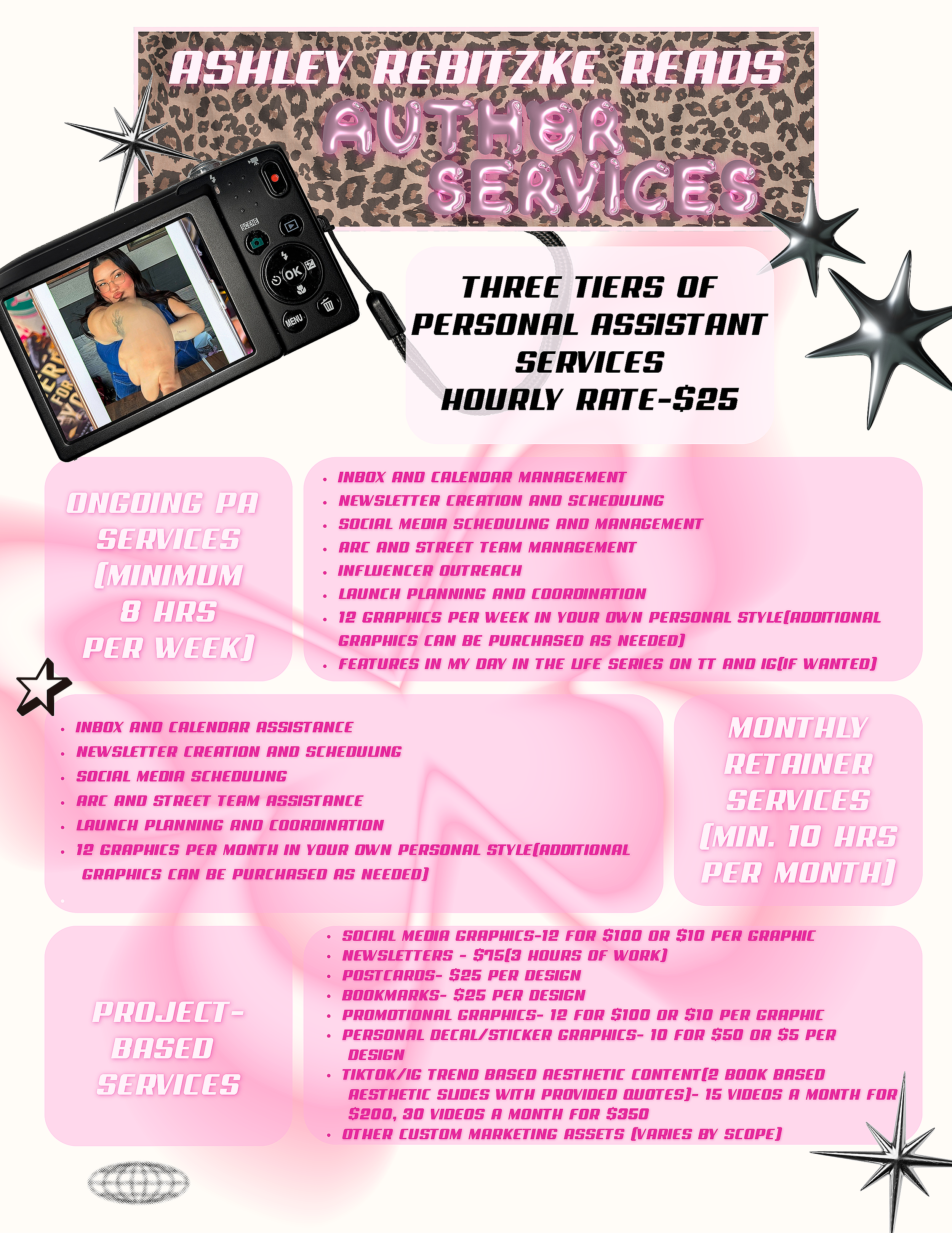 Promotional poster for Ashley Rebitzke Reads, offering personalized services including inbox management, social media scheduling, graphic design, postcards, bookmarks, decals, TikTok content, and marketing assets, with prices and details outlined in pink text on a pink and leopard print background.