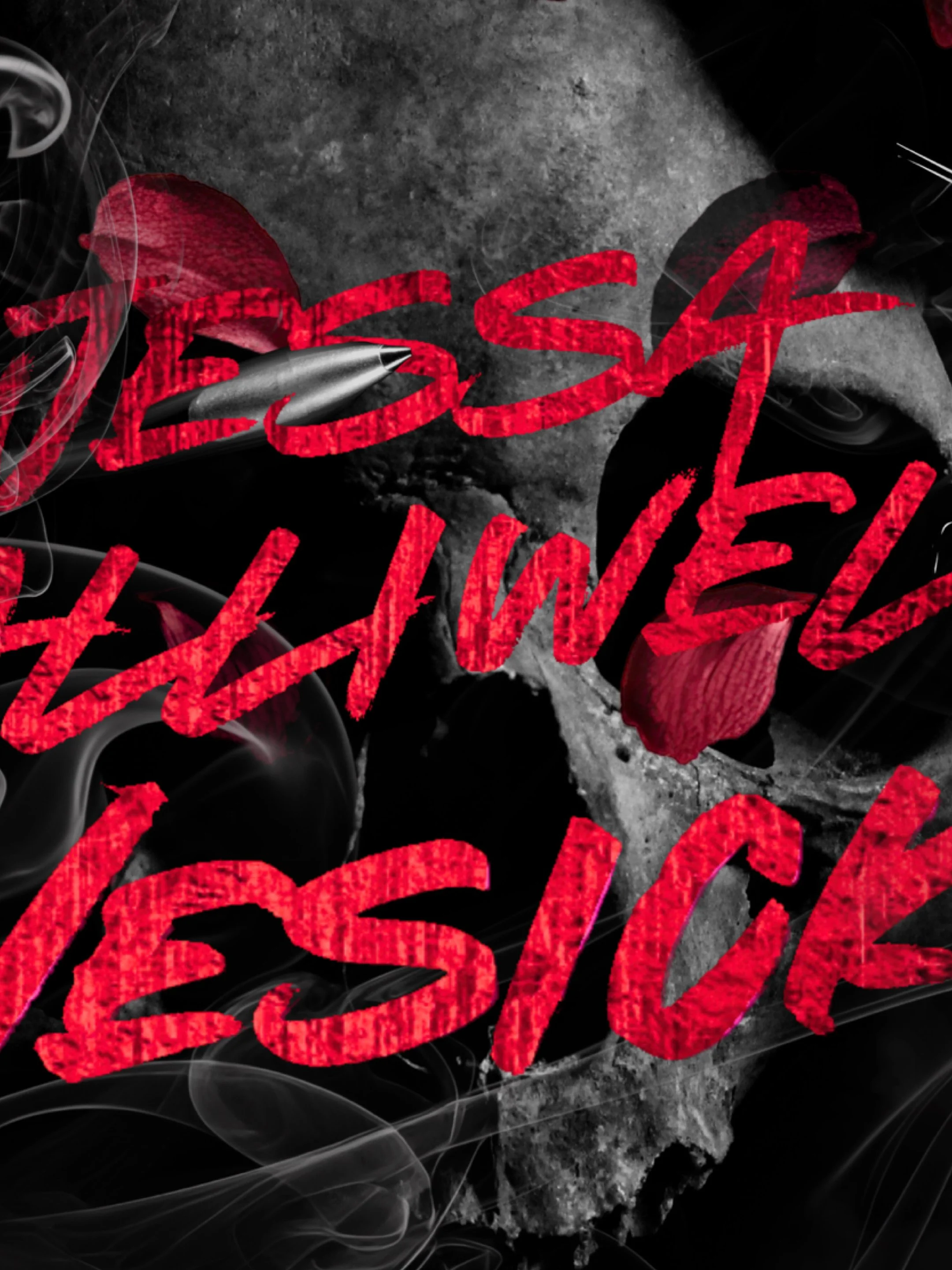 Close-up image of red text over a black and grey background with swirling smoke or wisps around the text.