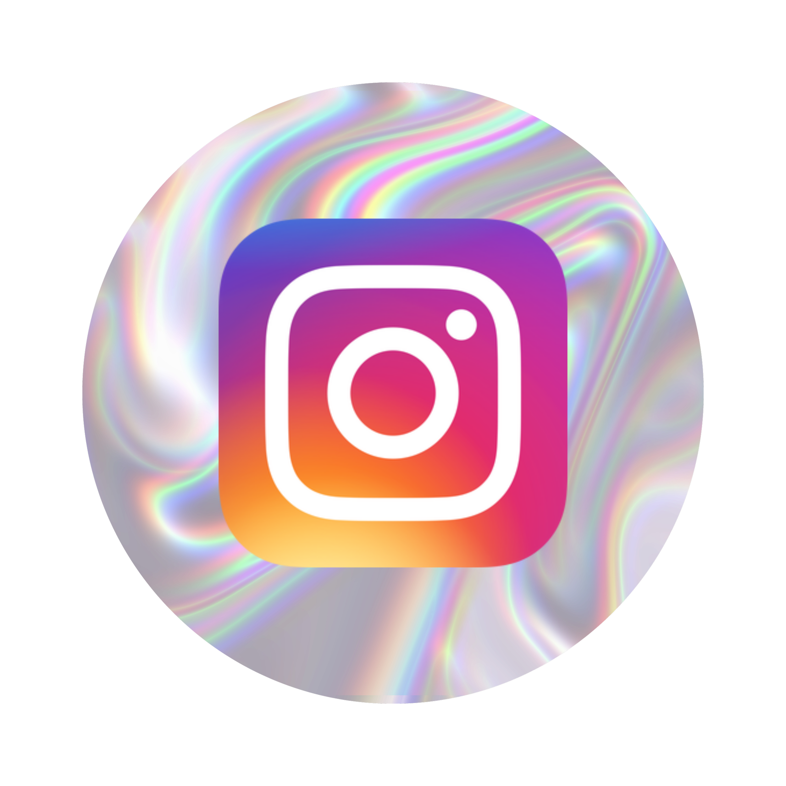 Instagram logo inside a holographic, iridescent circle against a black background.