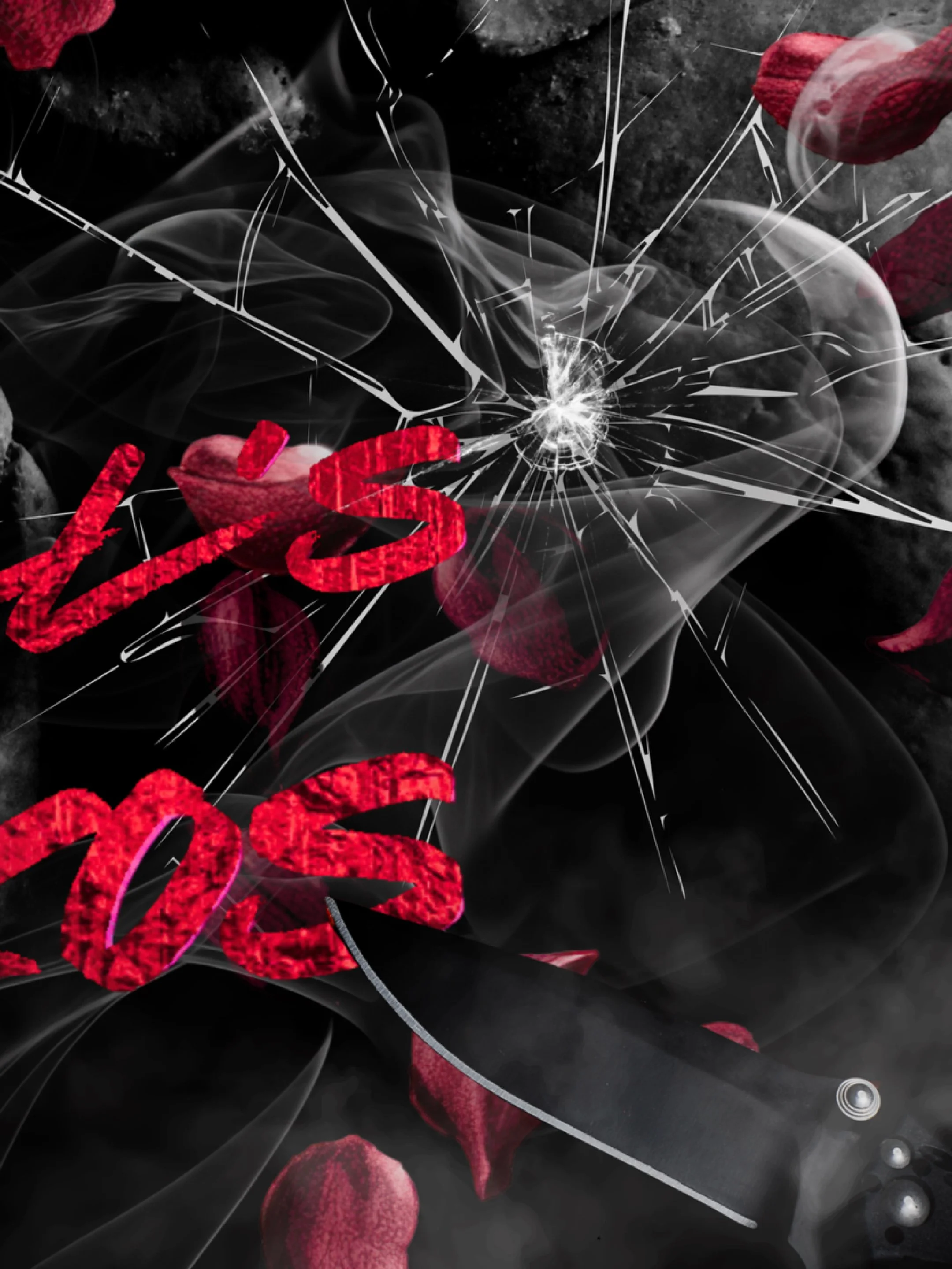 The image shows a broken glass with cracks radiating from the impact point, with smoke or vapor swirling around and red petal-like objects scattered across a dark background.