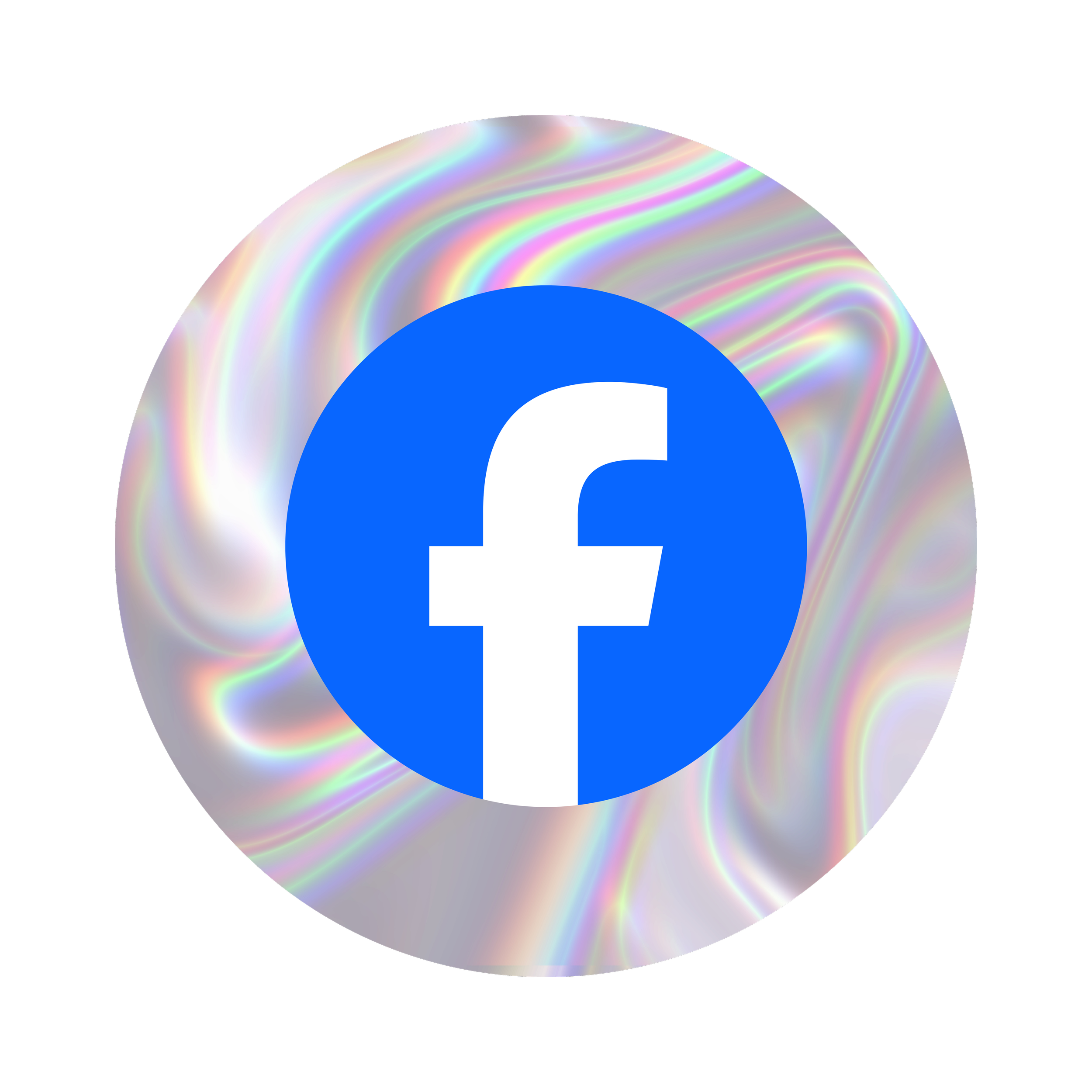 Close-up of the Facebook logo, a white lowercase 'f' on a blue circle, with rainbow-colored light reflections on a black background.