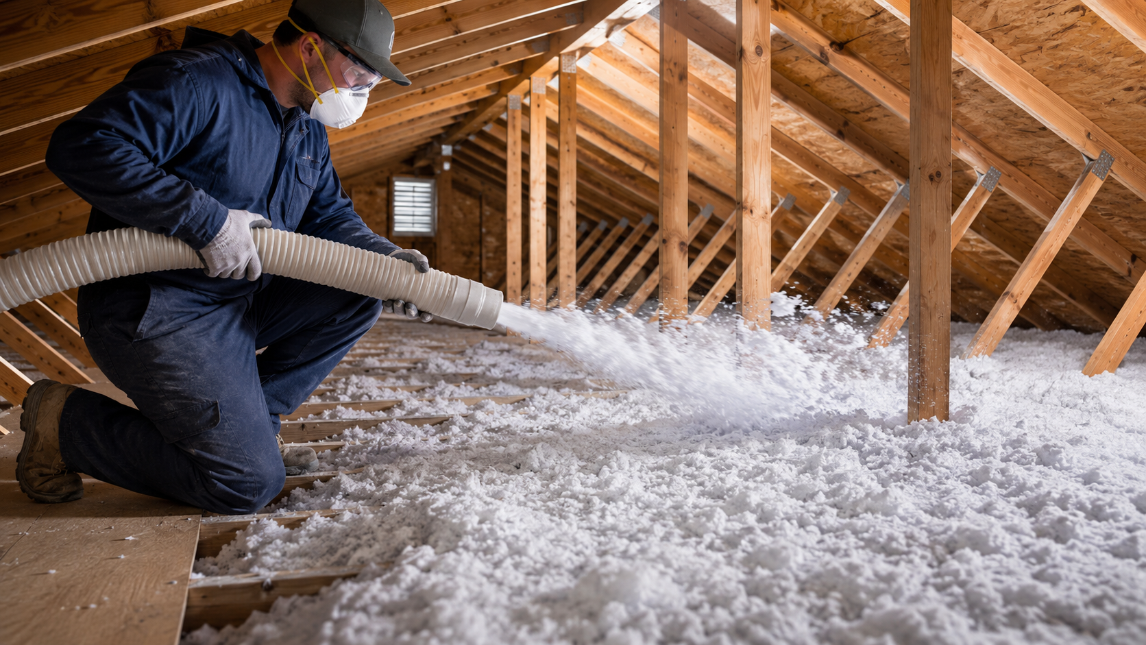 A man wearing a mask, gloves, and a hat kneeling in an attic, using a hose to blow insulation into the space between the wooden beams.