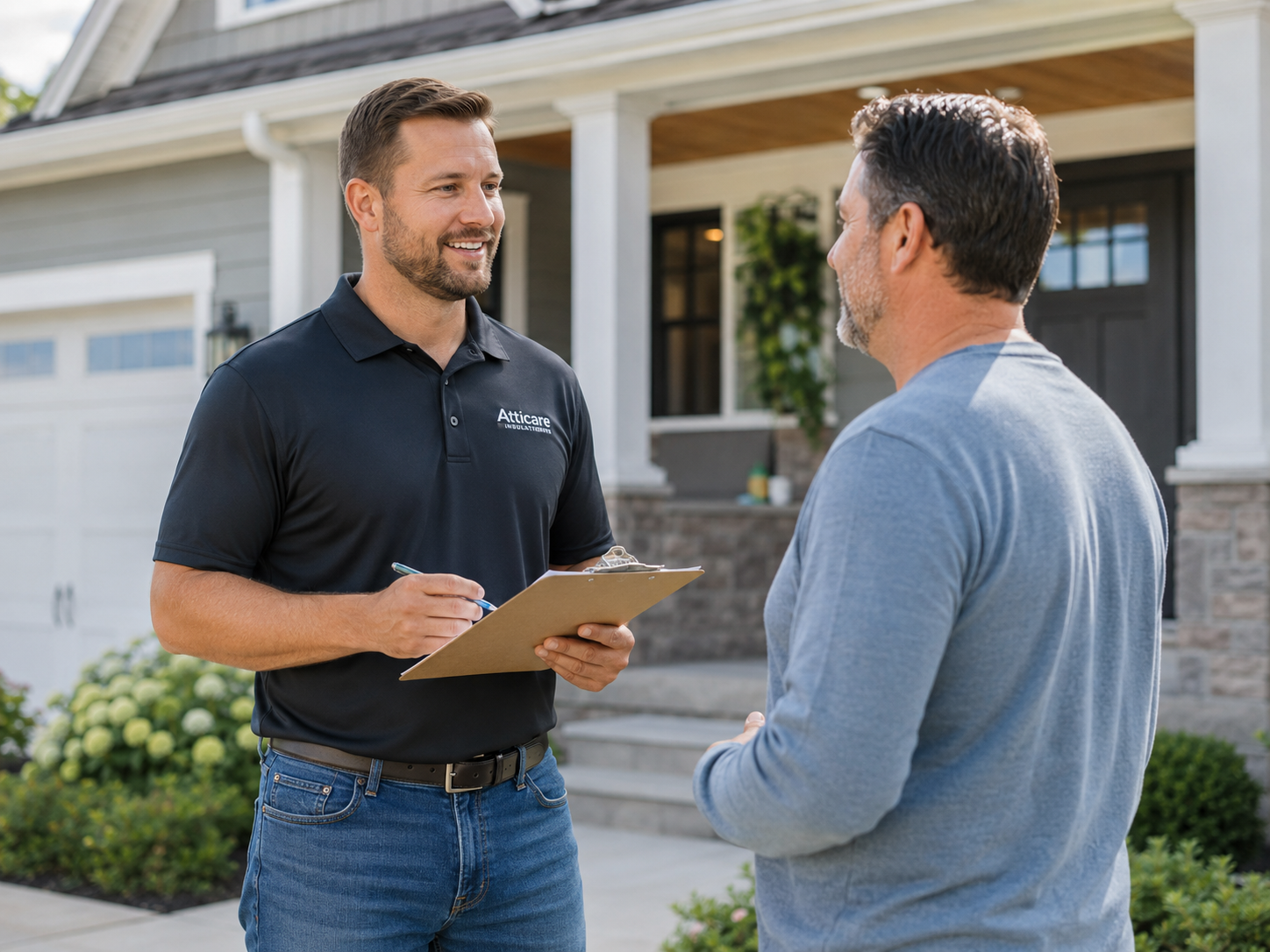 Insulation estimator talking with homeowner