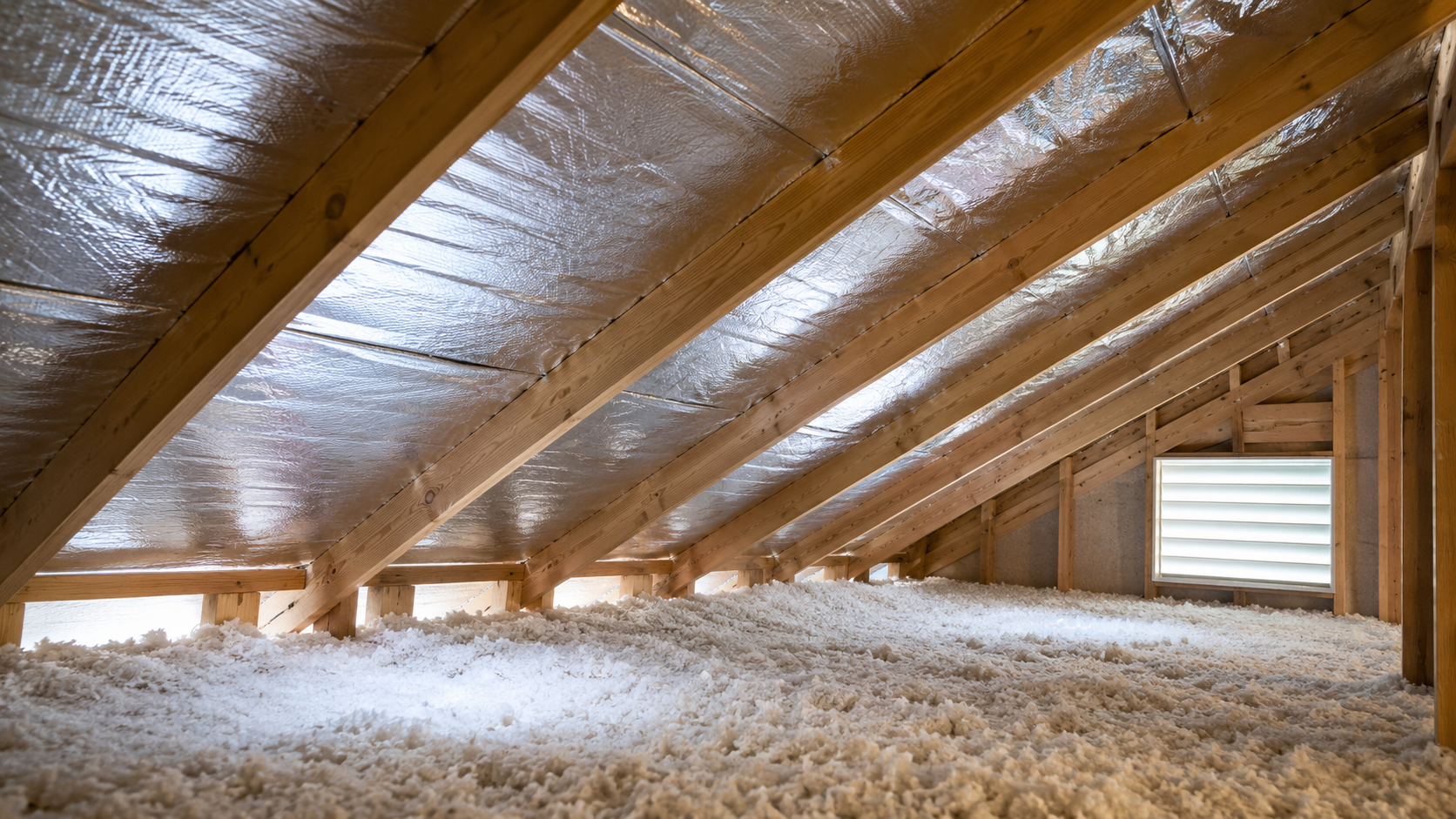 Attic space with wooden framing, insulation, and a window on the right side.