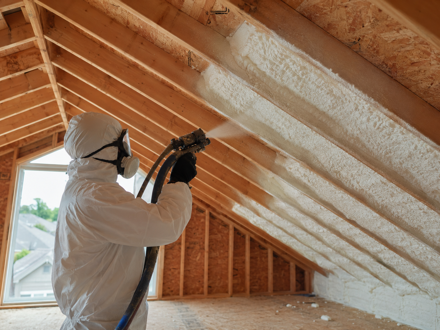 Man in white protective suit and respirator applying spray foam to an attic interior.