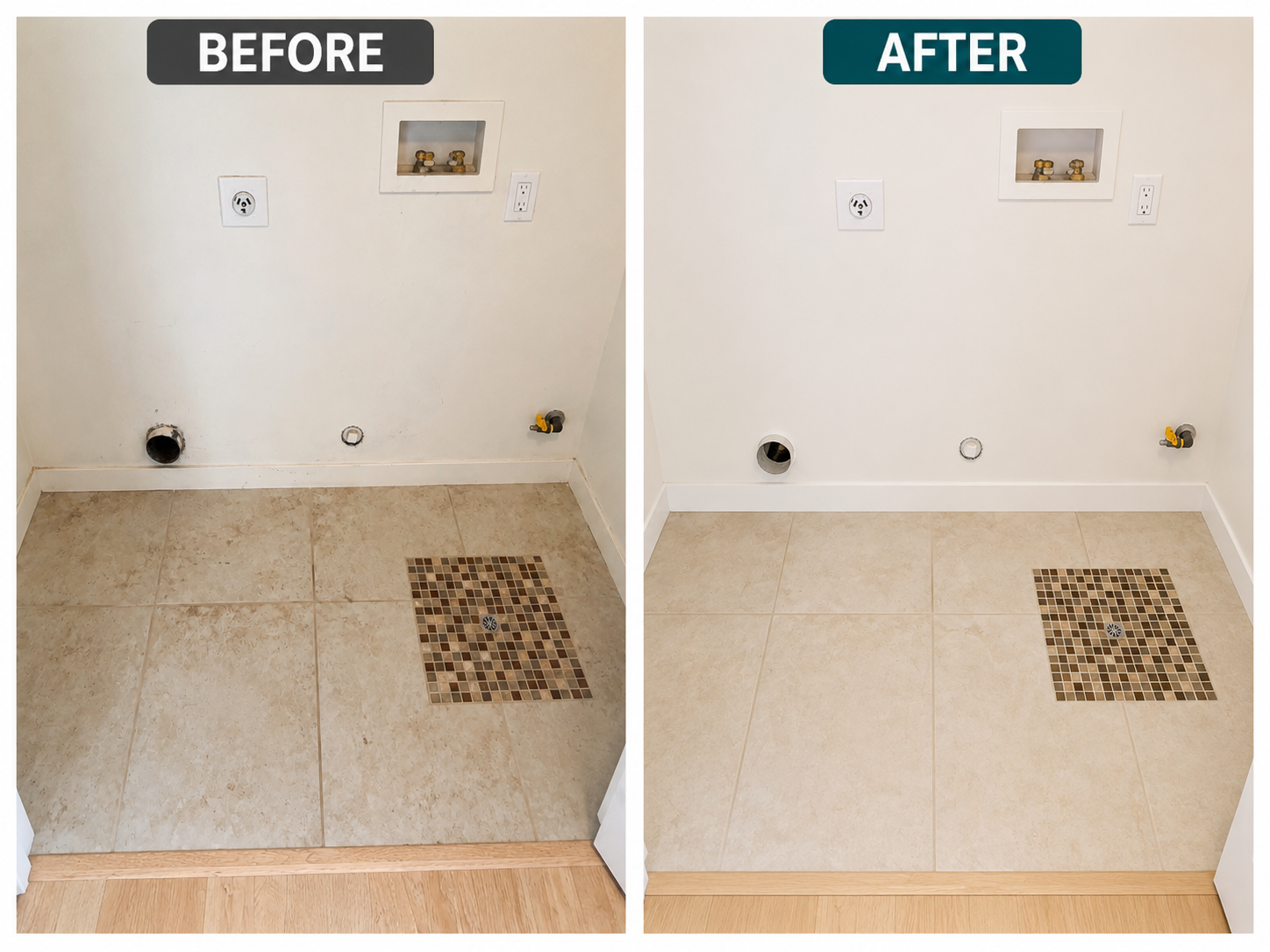 Side by side comparison of a laundry room before and after renovation. Before, the wall shows exposed pipes and an outlet, with a hole near the floor for plumbing. After, the pipes are removed, the wall is clean, and new trim is installed at the base. The floor has beige tiles, with a small mosaic tile section around the drain.