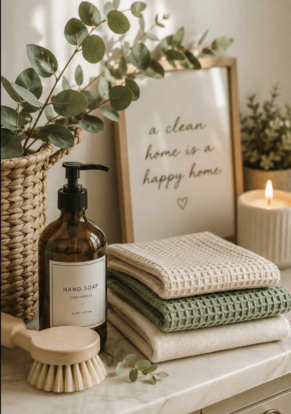 A bathroom or vanity setup with a stack of folded towels in neutral and green colors, a bottle of hand soap labeled 'Lemongrass,' a natural bristle scrub brush, a lit candle, a tabletop plant, and a framed quote that reads 'a clean home is a happy home.'