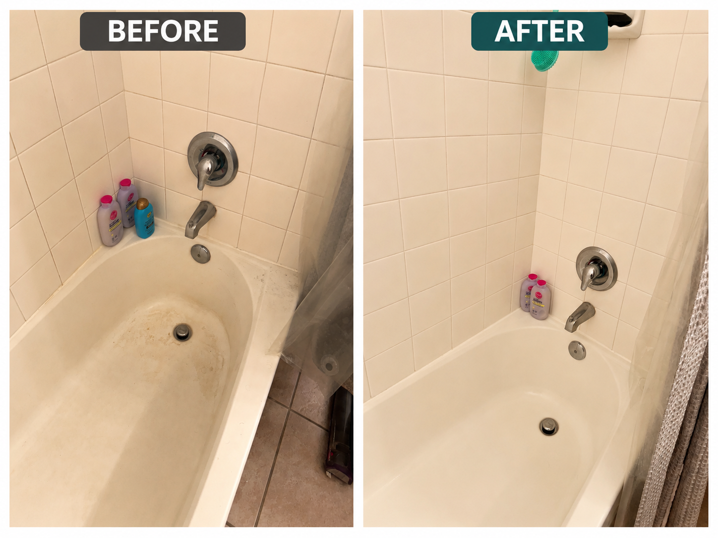 Side-by-side comparison of a bathtub before and after cleaning. The 'before' image shows a discolored, dirty bathtub with stains, grime, and soap scum. The 'after' image shows a clean, white bathtub with no visible stains or grime, and the surrounding tiles appear cleaner.