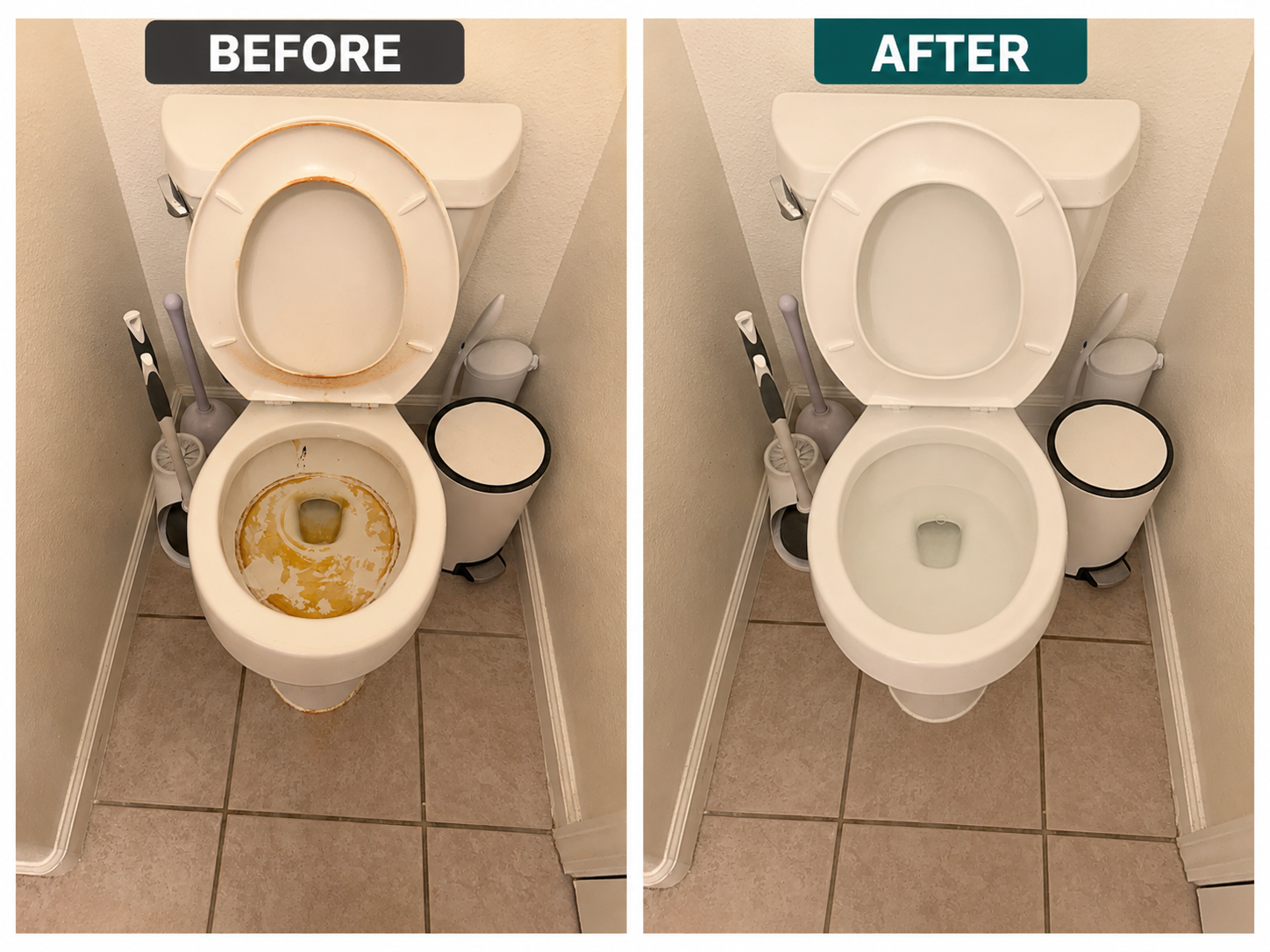 Comparison of a toilet before and after cleaning, showing a dirty, stained toilet on the left and a spotless, clean toilet on the right.