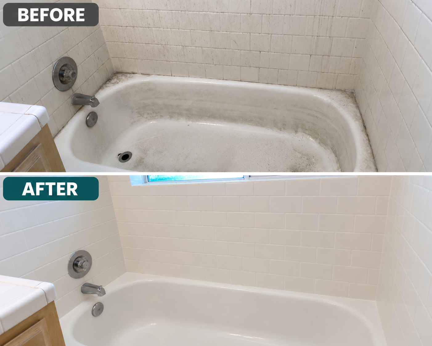 Before and after images of a bathroom bathtub showing cleaning renovation. The before image shows a dirty, stained bathtub with grime and mold around the edges. The after image shows a clean, white bathtub with a newly tiled wall and no grime or mold.