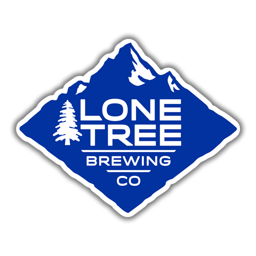 Lone Tree Brewing Co logo with a mountain and pine tree illustrations inside a blue diamond shape.