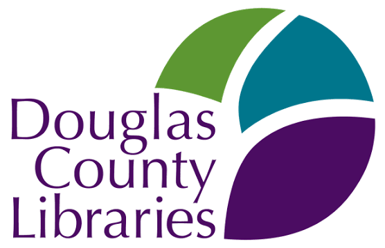 Logo for Douglas County Libraries with three overlapping leaves in green, blue, and purple, and the library's name in purple text.