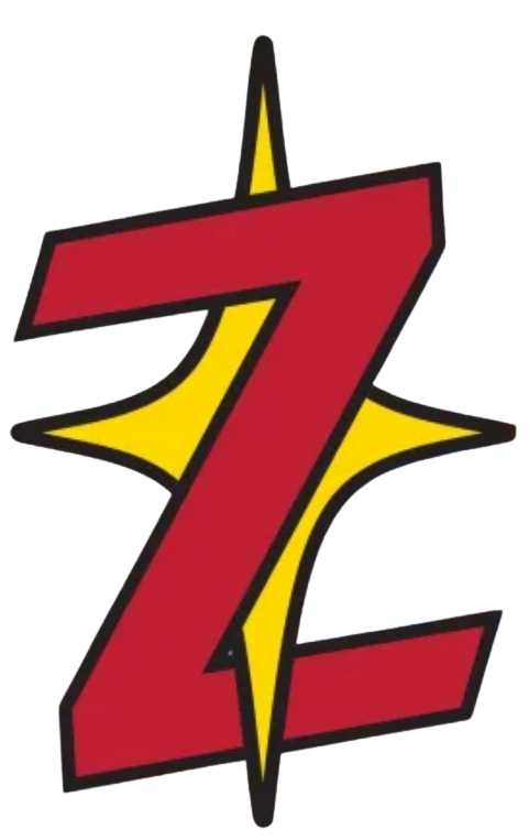 A stylized red letter Z with black outline and yellow accents