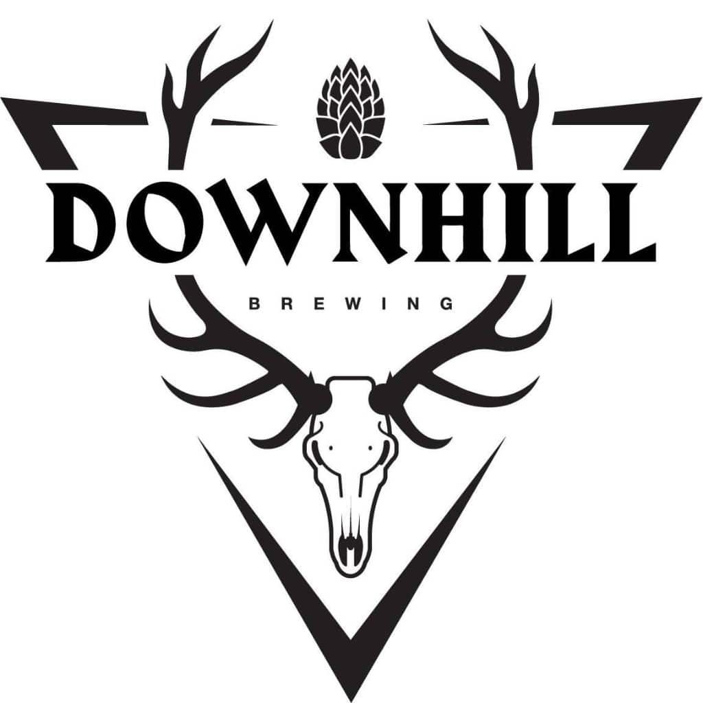 Logo for Downhill Brewing featuring a skull of a deer with antlers and a hop cone above the name.
