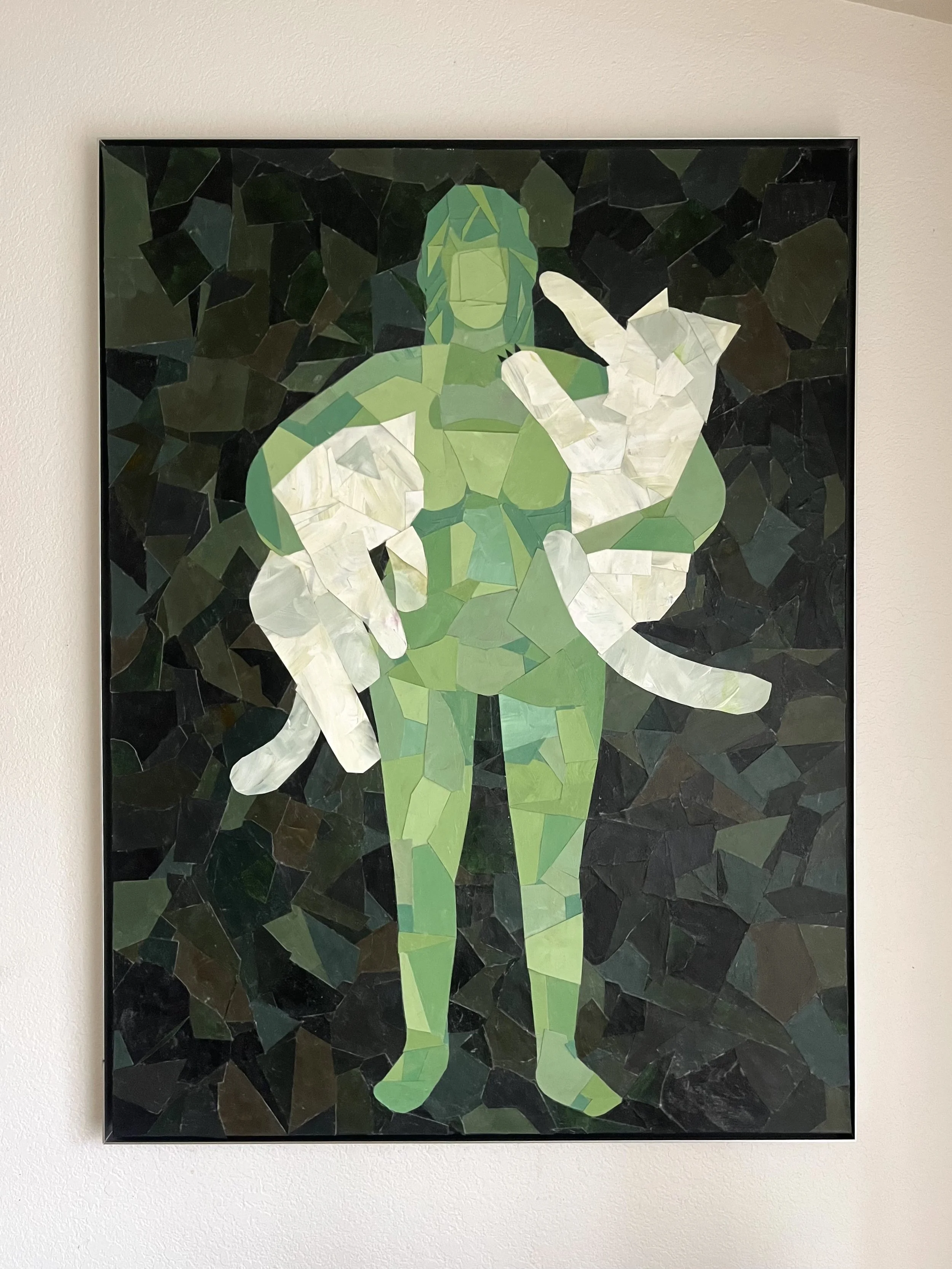 A mosaic art piece of a woman with green hair and body, holding white cats, set against a dark, stormy background.
