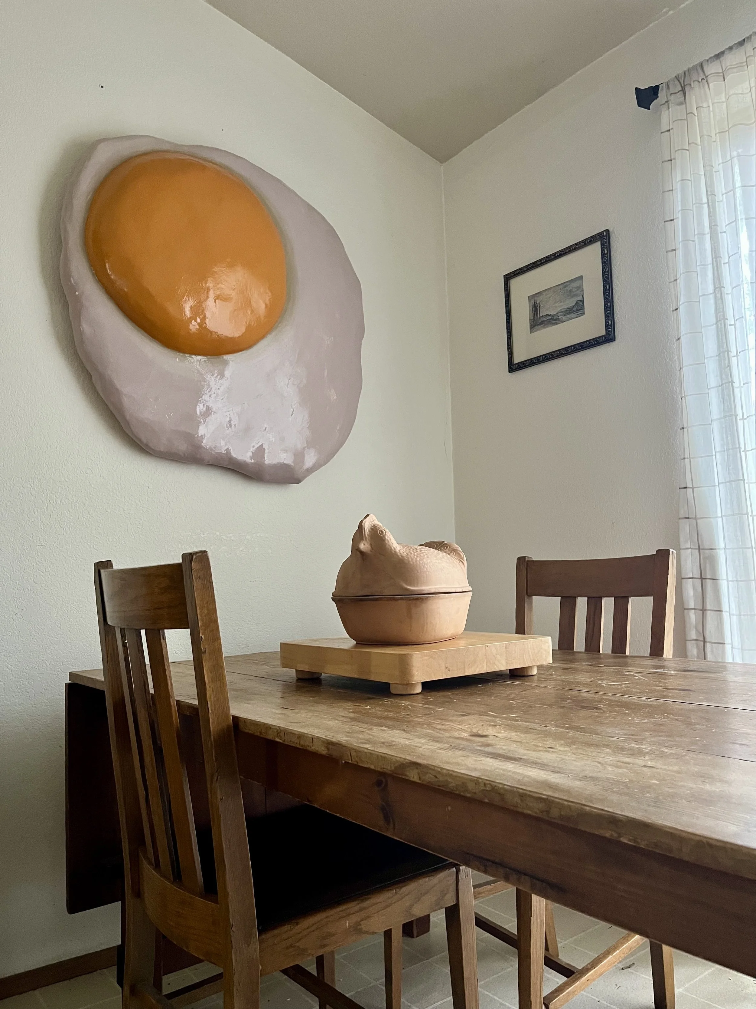 Giant Egg Sculpture Eggperiment - Made from a hubcap, cardboard, spray foam, joint compound, delusion, and acrylic paint 