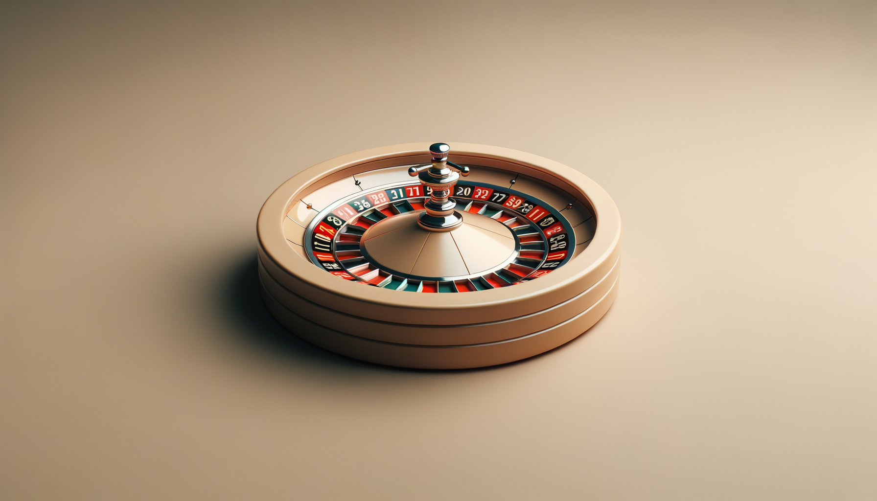 A roulette wheel with a metallic finish, showing red, black, and green numbered pockets, positioned on a beige surface with a blurred background.