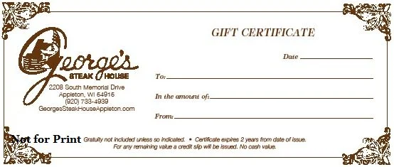 Official blank paper gift certificate for George's Steak House, a classic supper club in Appleton, Wisconsin.