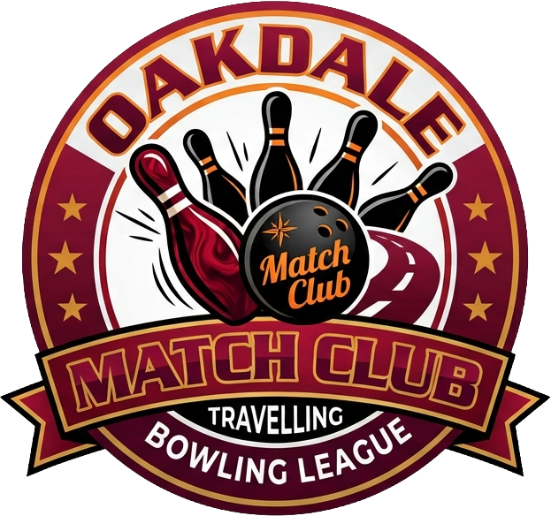 Logo for Oakdale Match Club, a travelling bowling league, featuring bowling pins, a bowling ball, a bowling pin, and a bowling shoe, with text and stars.