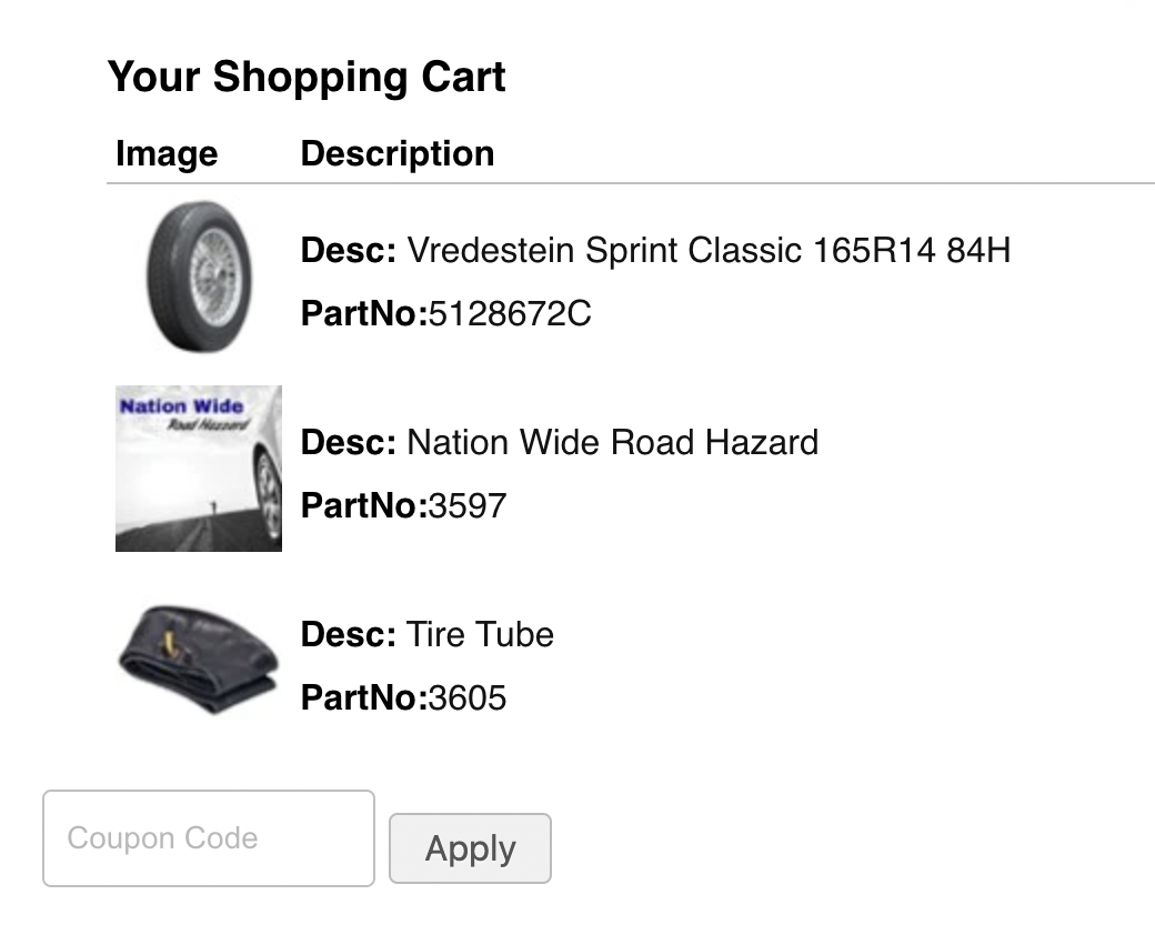 Screenshot of a shopping cart list featuring a tire, road hazard, and tire tube, with descriptions, part numbers, and an apply button.
