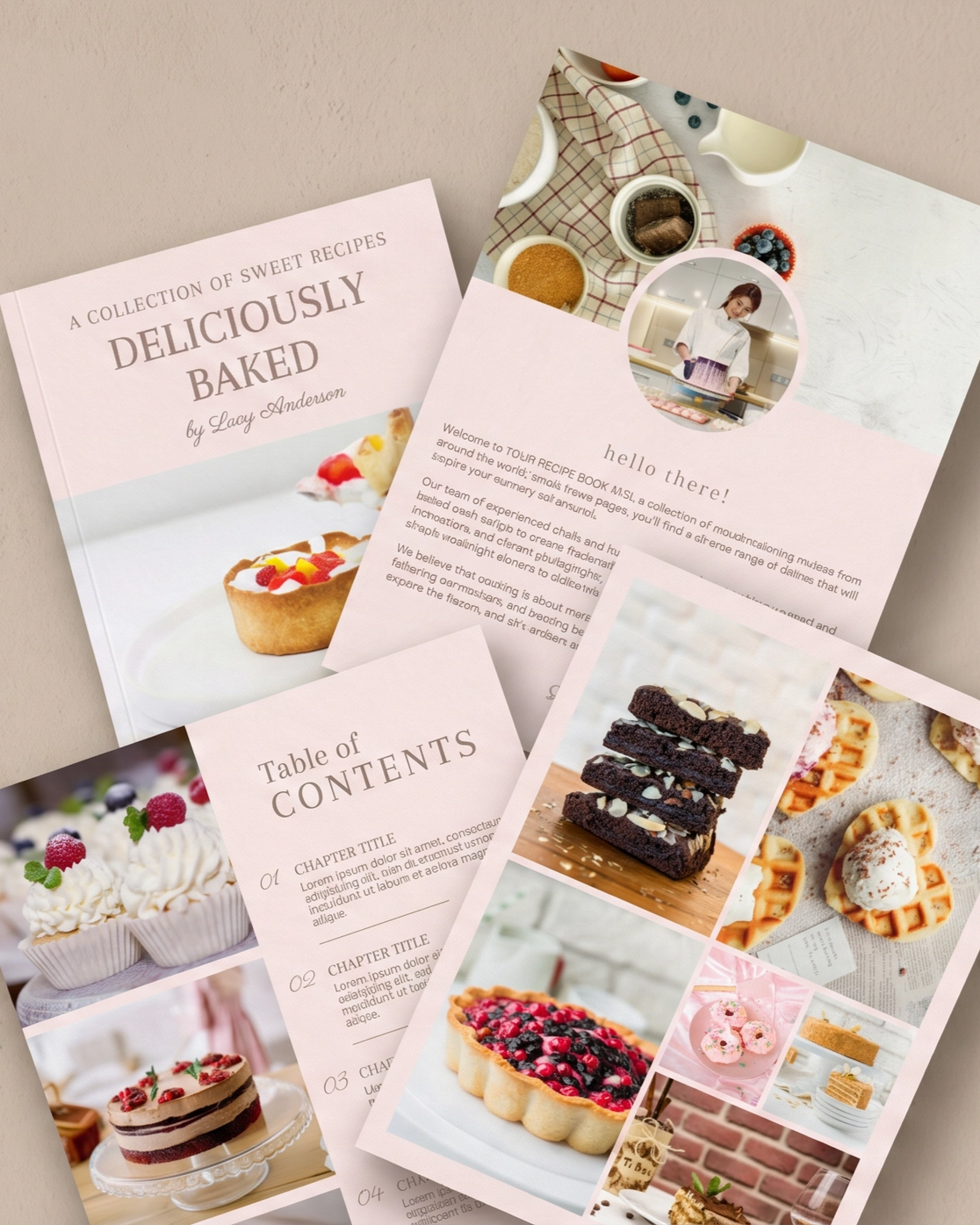 Collection of dessert recipes including cakes, cupcakes, brownies, and pastries, along with a recipe book and cooking instructions.