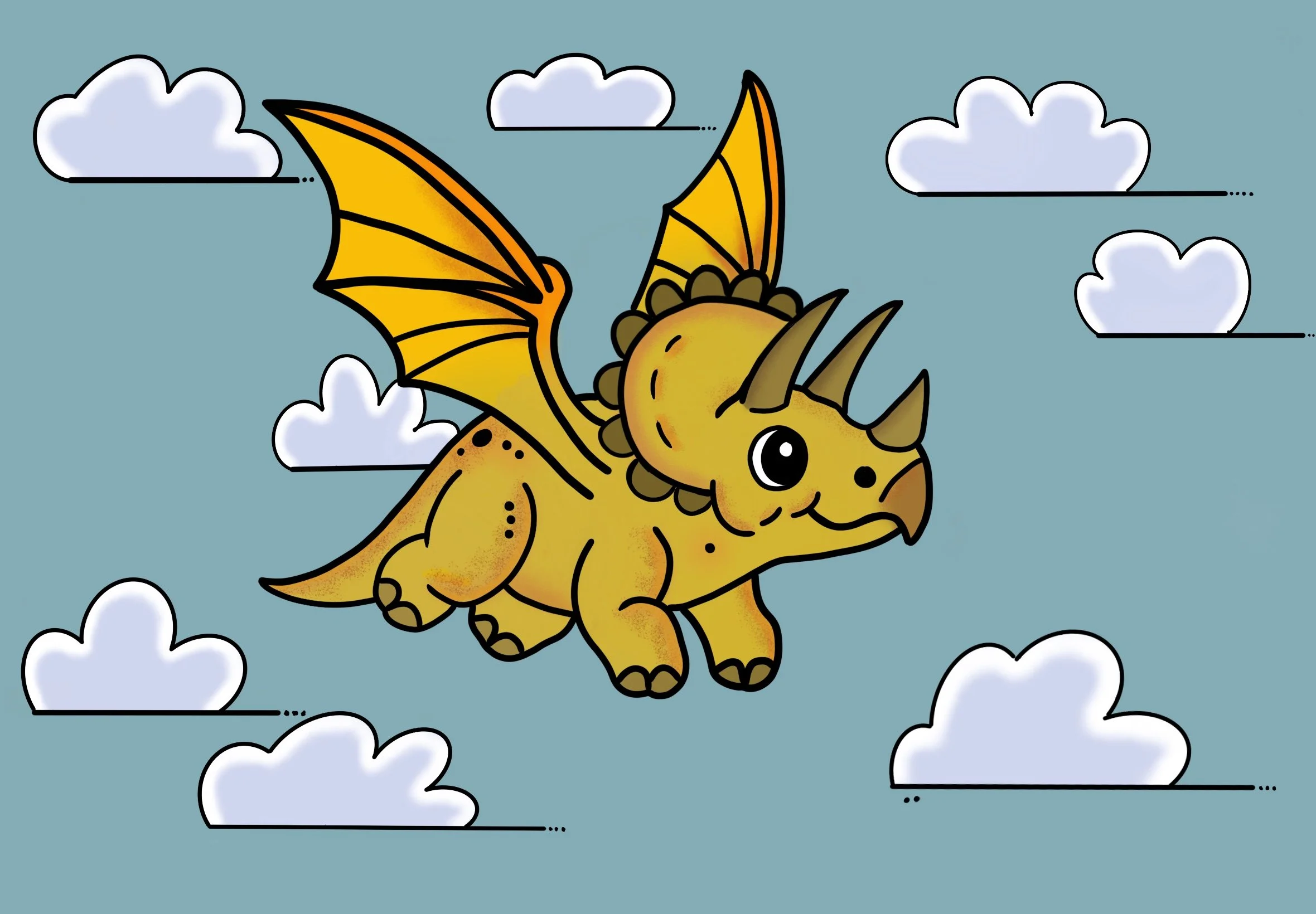 A cartoon of a yellow dinosaur with wings flying among white clouds in a blue sky.