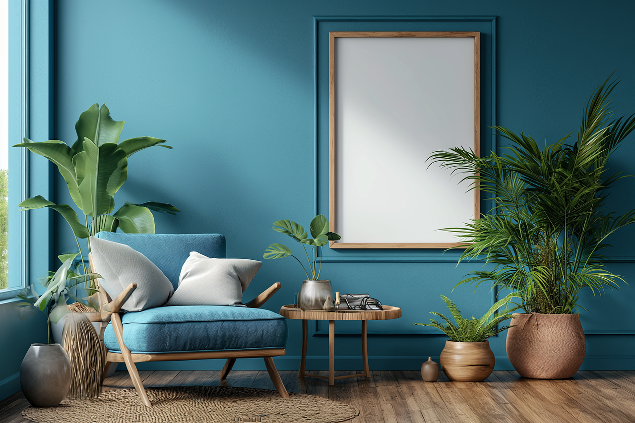 Tidy blue living room corner with armchair and plants, ready after a professional home cleaning service