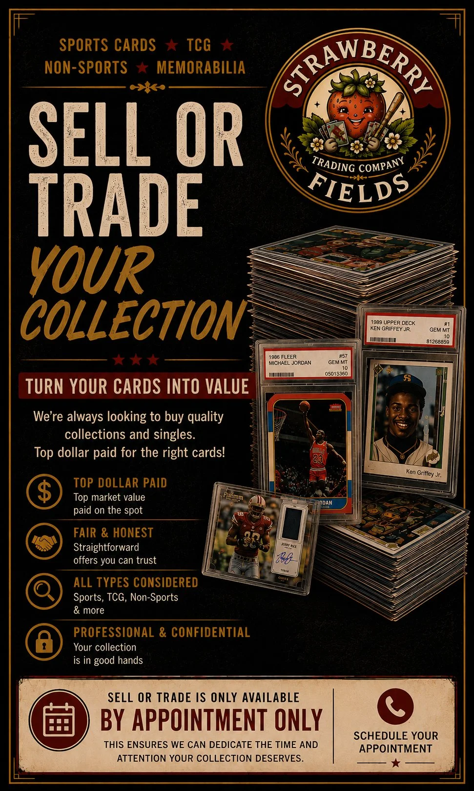 A poster for a trading company called Strawberry Fields, advertising the selling or trading of sports cards, TCG, non-sports memorabilia, with images of sports cards and memorabilia.