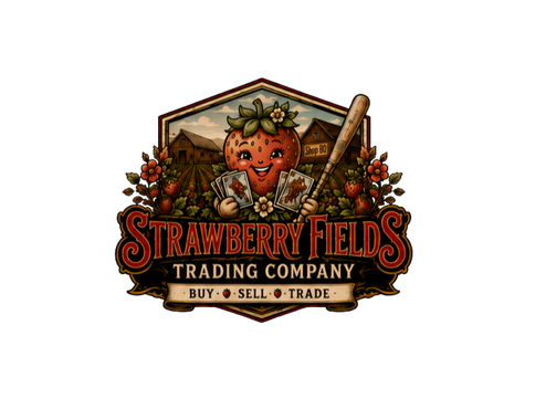 Logo for Strawberry Fields Trading Company featuring a smiling anthropomorphic strawberry holding trading cards, surrounded by strawberries and farm scenery, with text 'Buy Sell Trade'.
